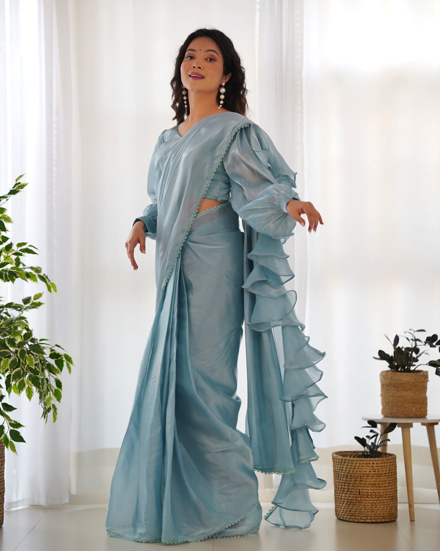 Charming Jimmy Choo Organza Pink And Sky Blue Color Ready To Wear Saree