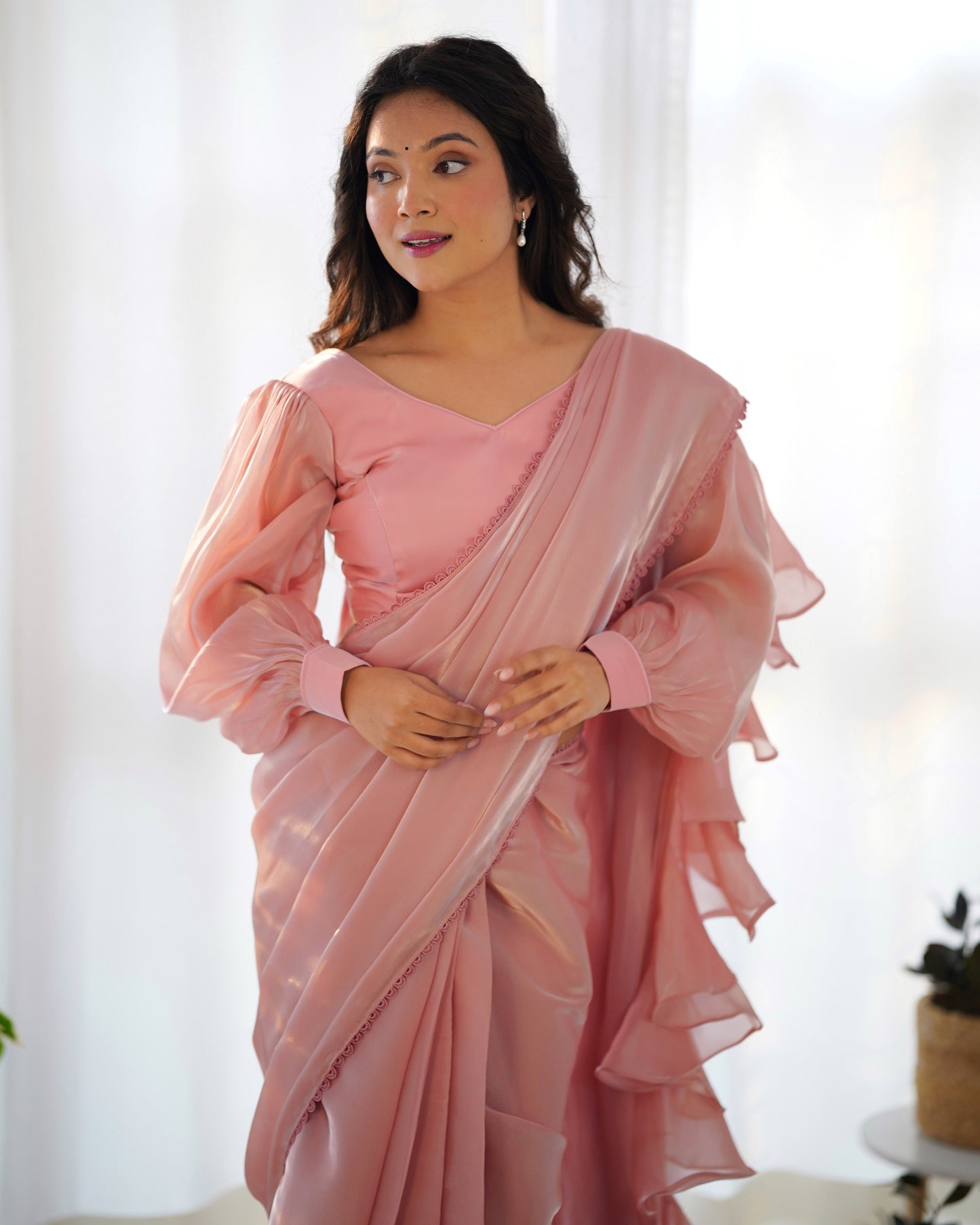 Charming Jimmy Choo Organza Pink And Sky Blue Color Ready To Wear Saree