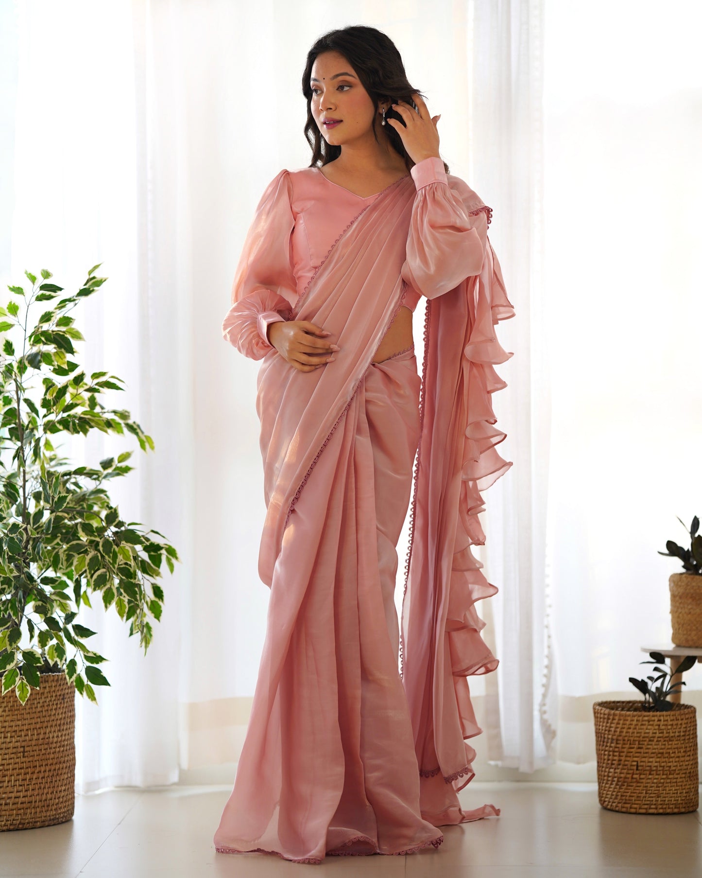 Charming Jimmy Choo Organza Pink And Sky Blue Color Ready To Wear Saree