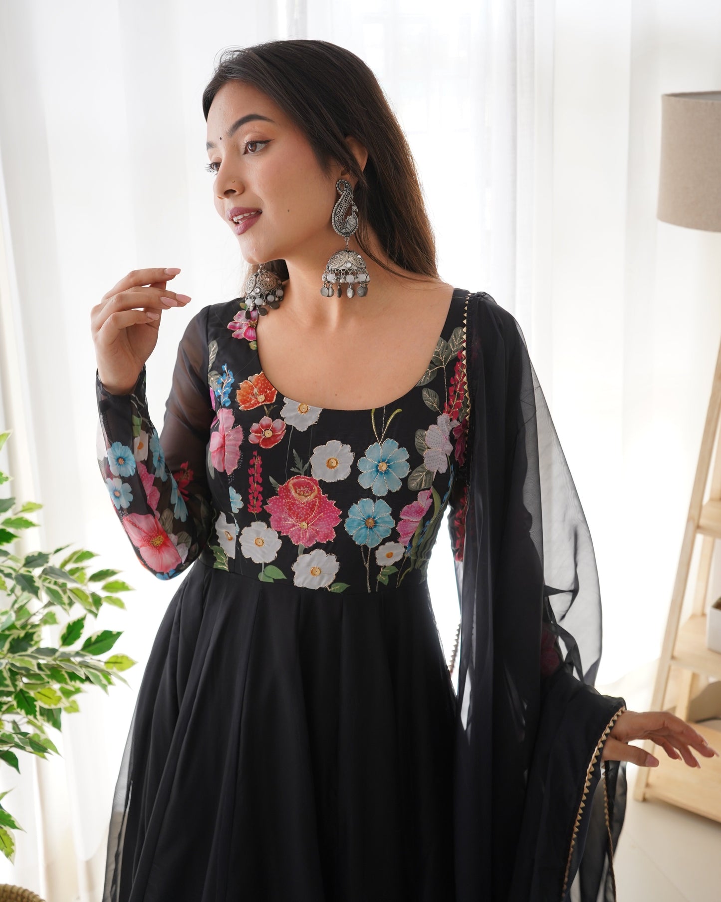 Glorious Mehndi, Black And Cream Organza Silk Print Anarkali Gown