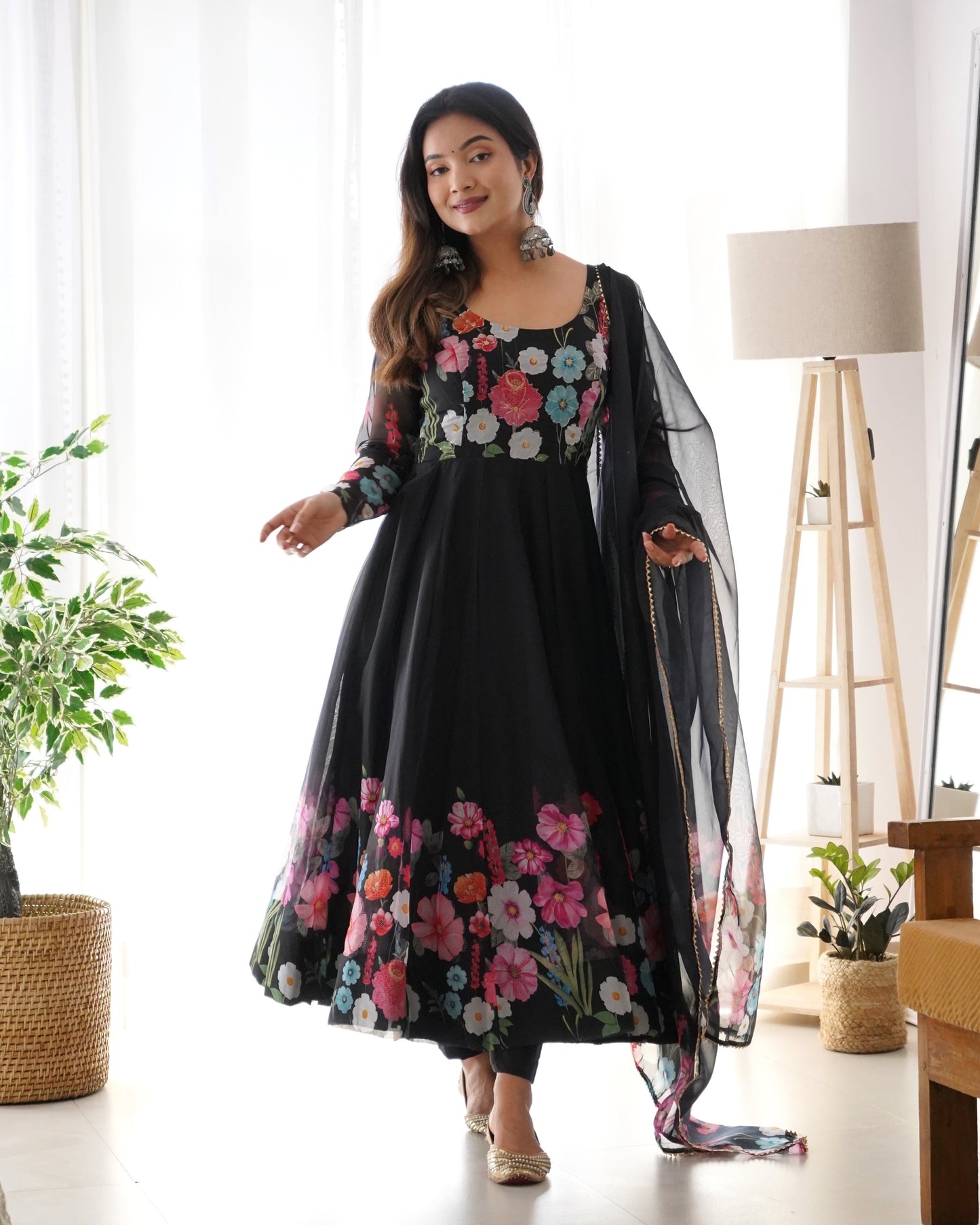 Glorious Mehndi, Black And Cream Organza Silk Print Anarkali Gown