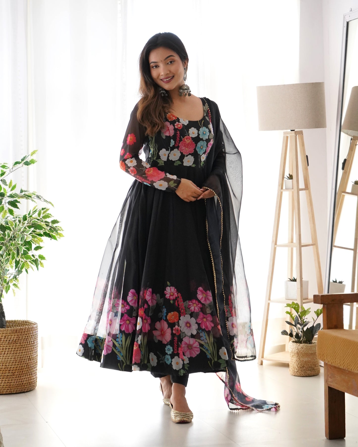 Glorious Mehndi, Black And Cream Organza Silk Print Anarkali Gown