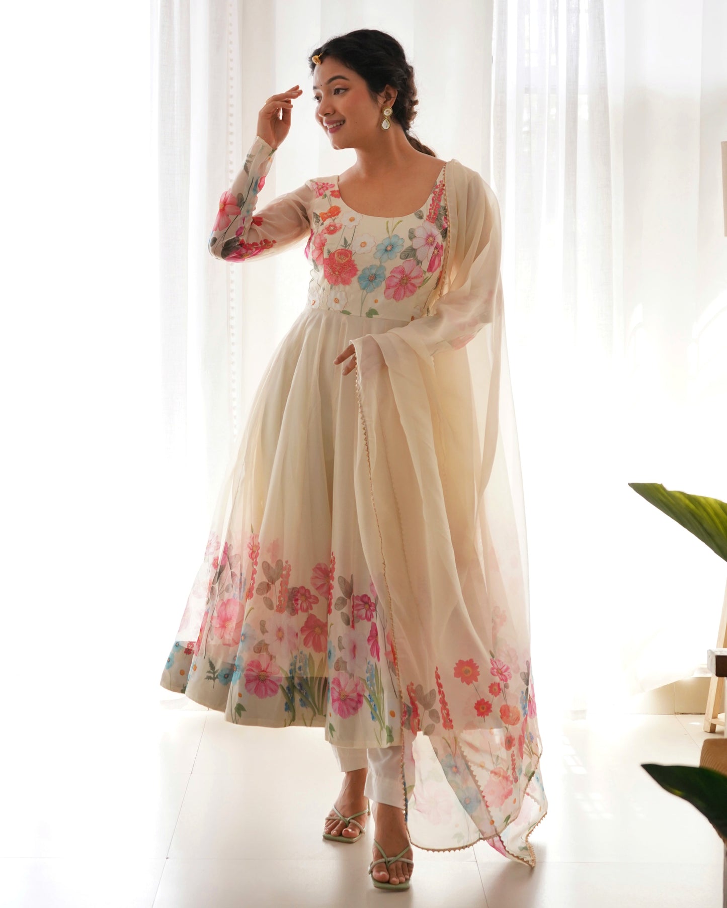 Glorious Mehndi, Black And Cream Organza Silk Print Anarkali Gown