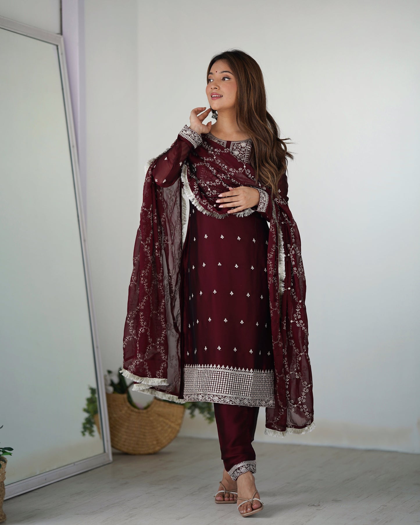 Function Wear Rangoli Silk Wine And Maroon Color Kurta With Pent