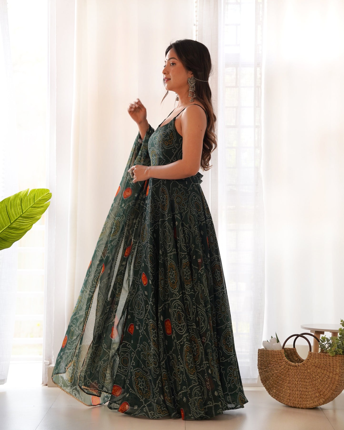 Fantastic Chiffon Bandhej Green And Pink Gown