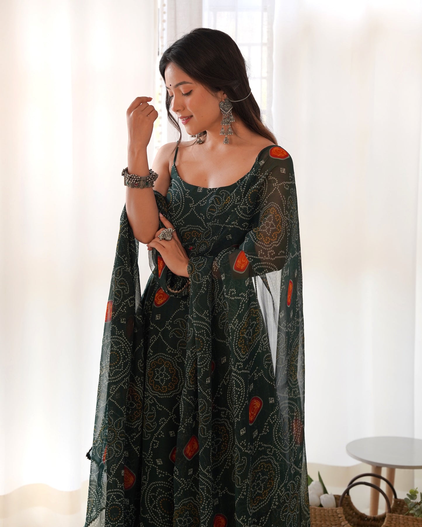 Fantastic Chiffon Bandhej Green And Pink Gown