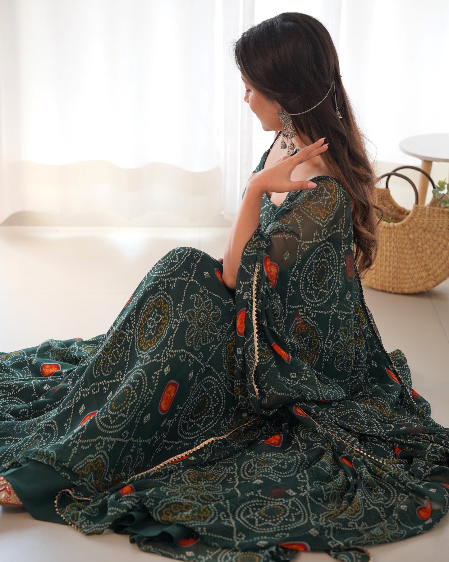 Fantastic Chiffon Bandhej Green And Pink Gown