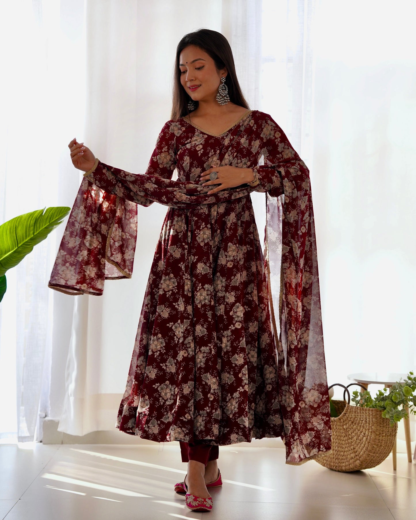 Presenting V Neck Black And Maroon Color Anarkali Suit