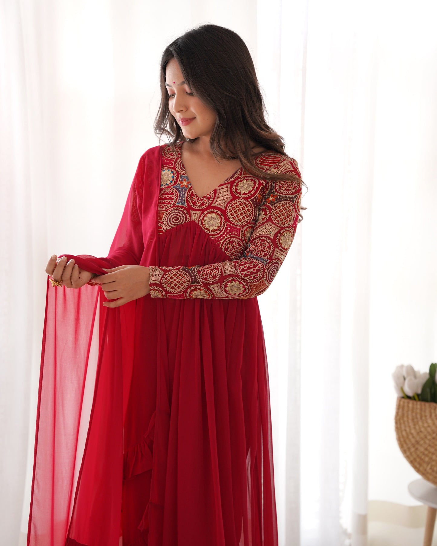 Traditional Wear Georgette Ready To Wear Red Color Gown With Dupatta