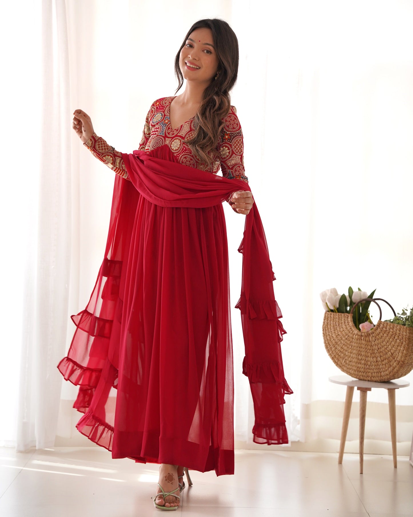 Traditional Wear Georgette Ready To Wear Red Color Gown With Dupatta