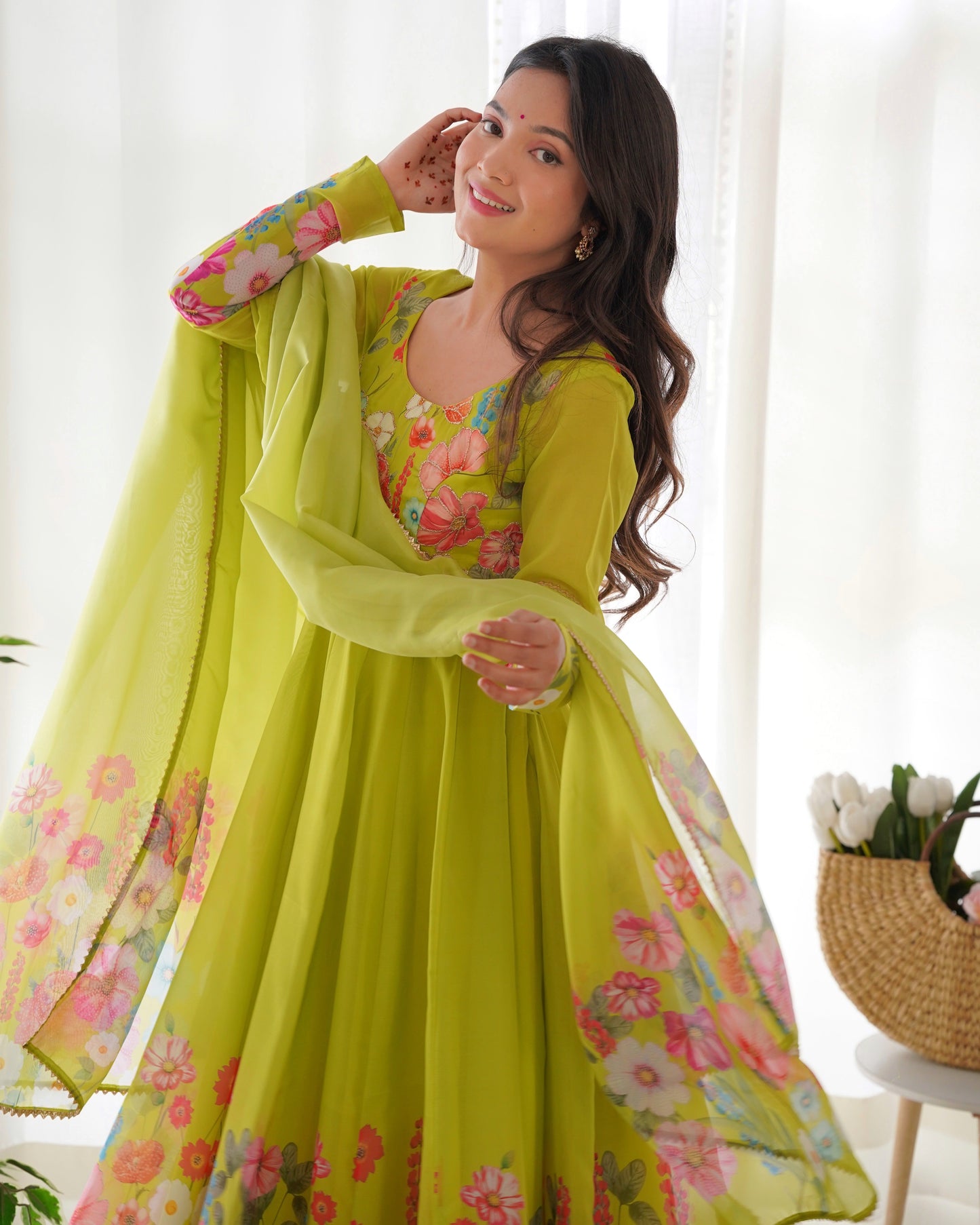 Glorious Mehndi, Black And Cream Organza Silk Print Anarkali Gown