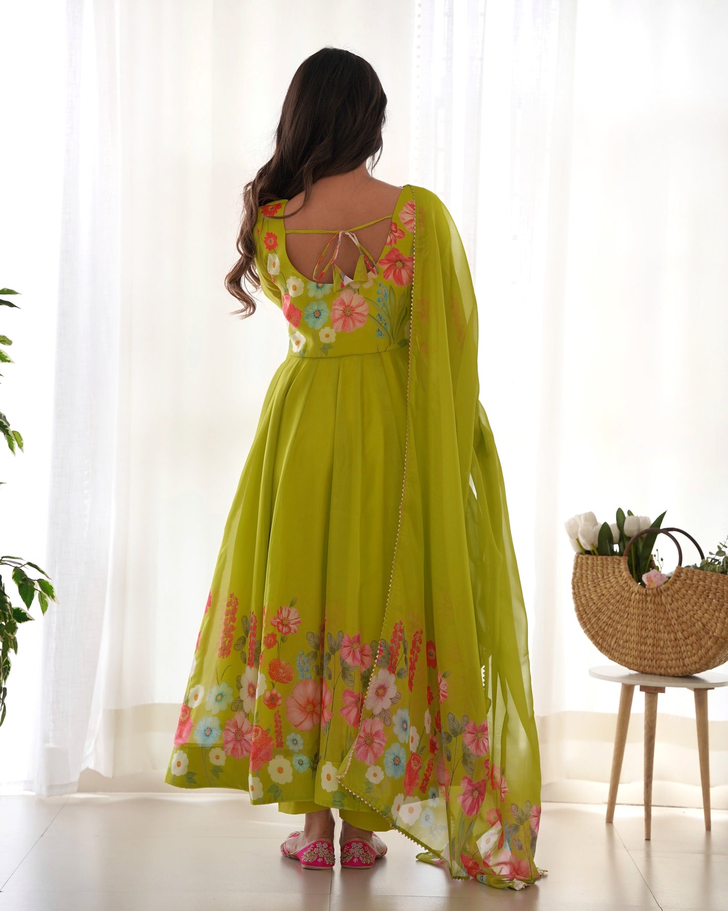 Glorious Mehndi, Black And Cream Organza Silk Print Anarkali Gown