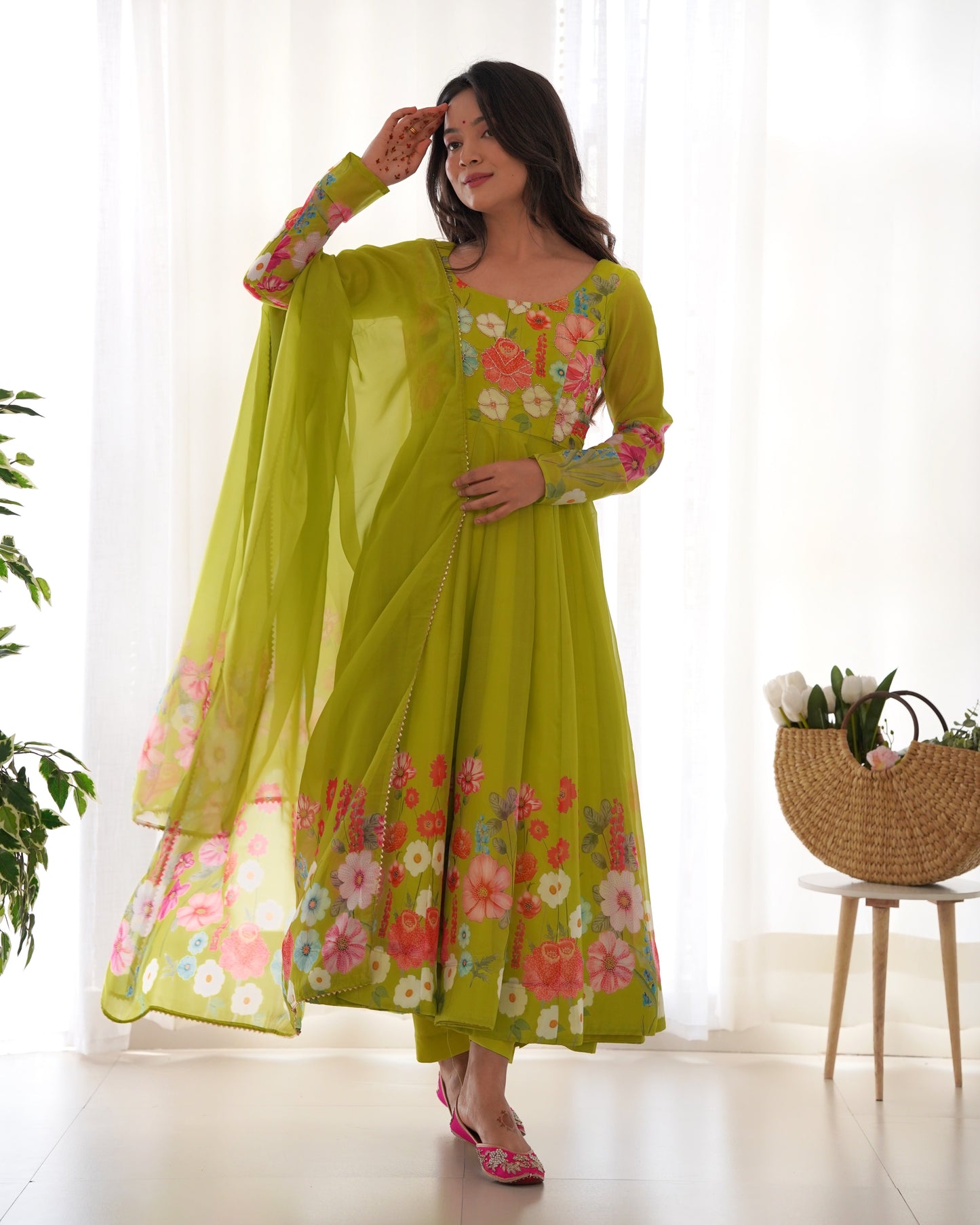Glorious Mehndi, Black And Cream Organza Silk Print Anarkali Gown