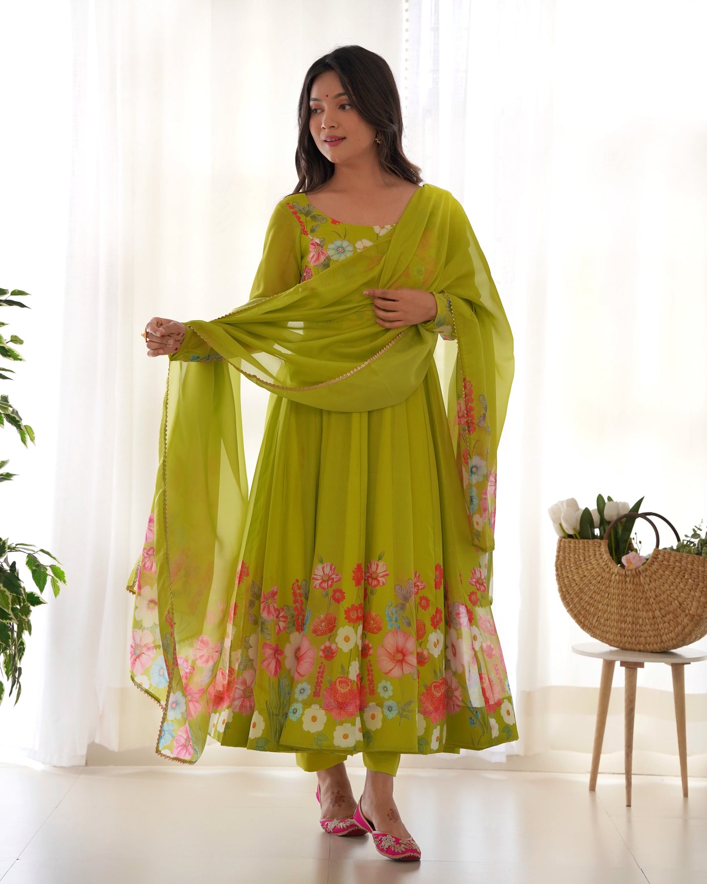 Glorious Mehndi, Black And Cream Organza Silk Print Anarkali Gown