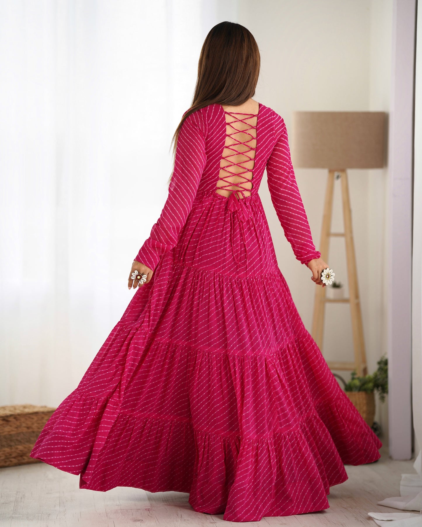 Wonderful Georgette Laheriya Print Pink And Black Color Gown