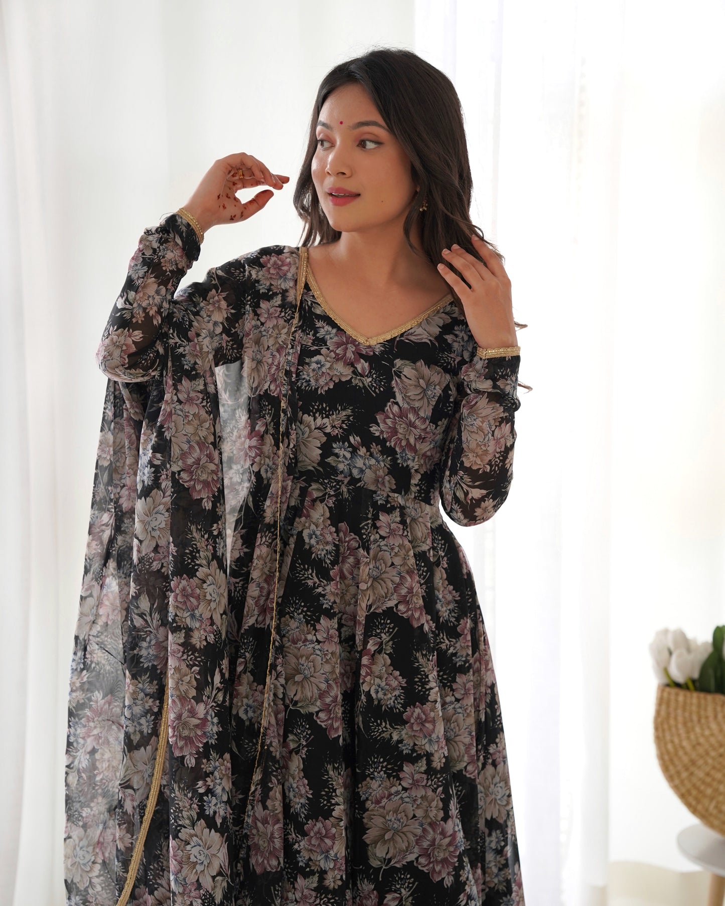 Festive Wear Black Georgette Multi Print V Neck Anarkali Suit