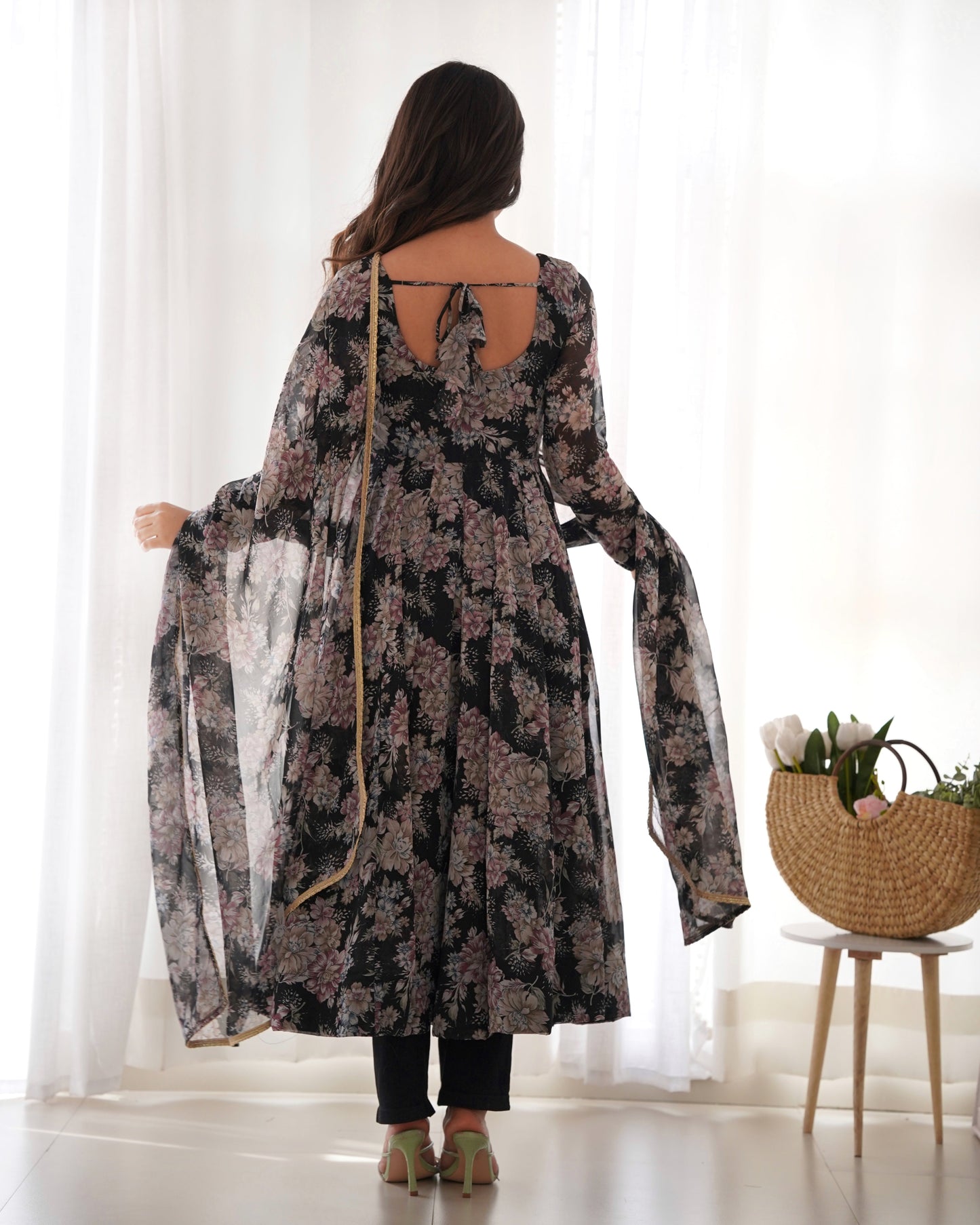 Festive Wear Black Georgette Multi Print V Neck Anarkali Suit