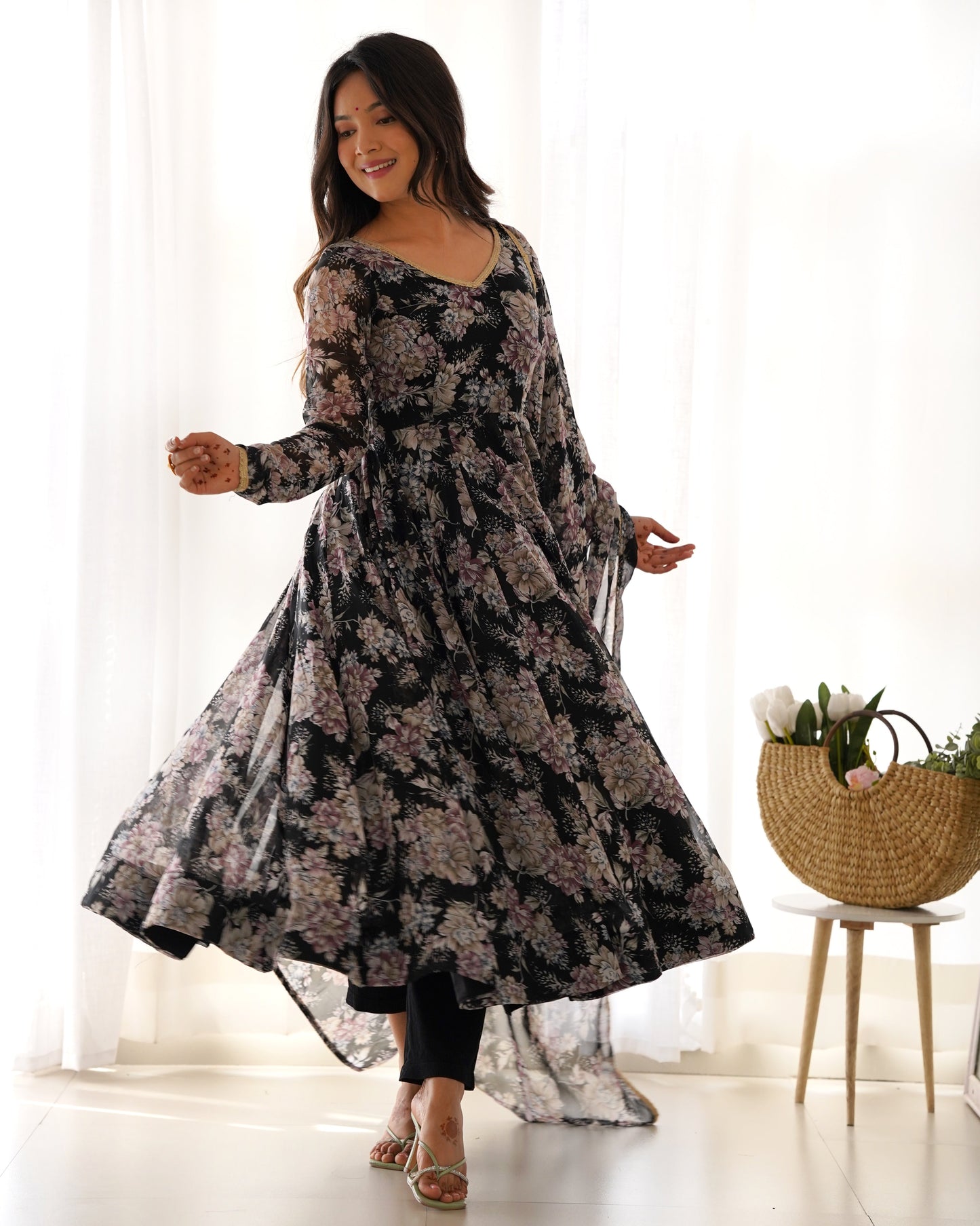 Festive Wear Black Georgette Multi Print V Neck Anarkali Suit