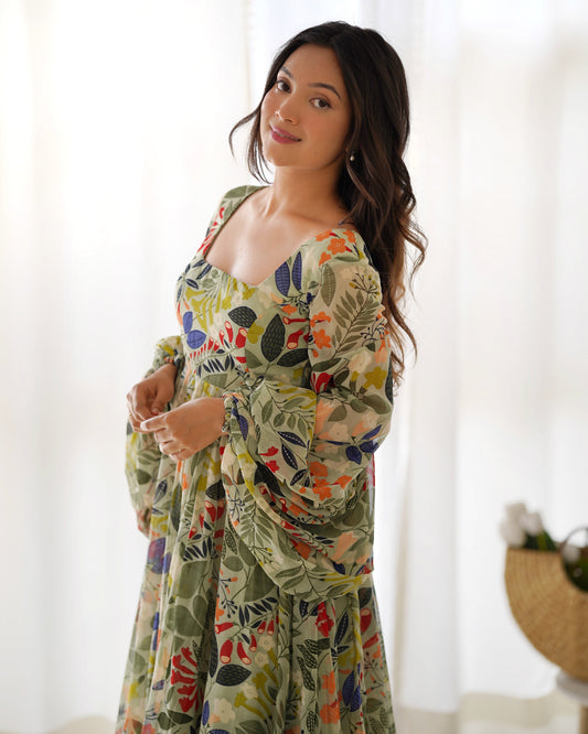 Alluring Floral Print Pista Color Ready To Wear Gown
