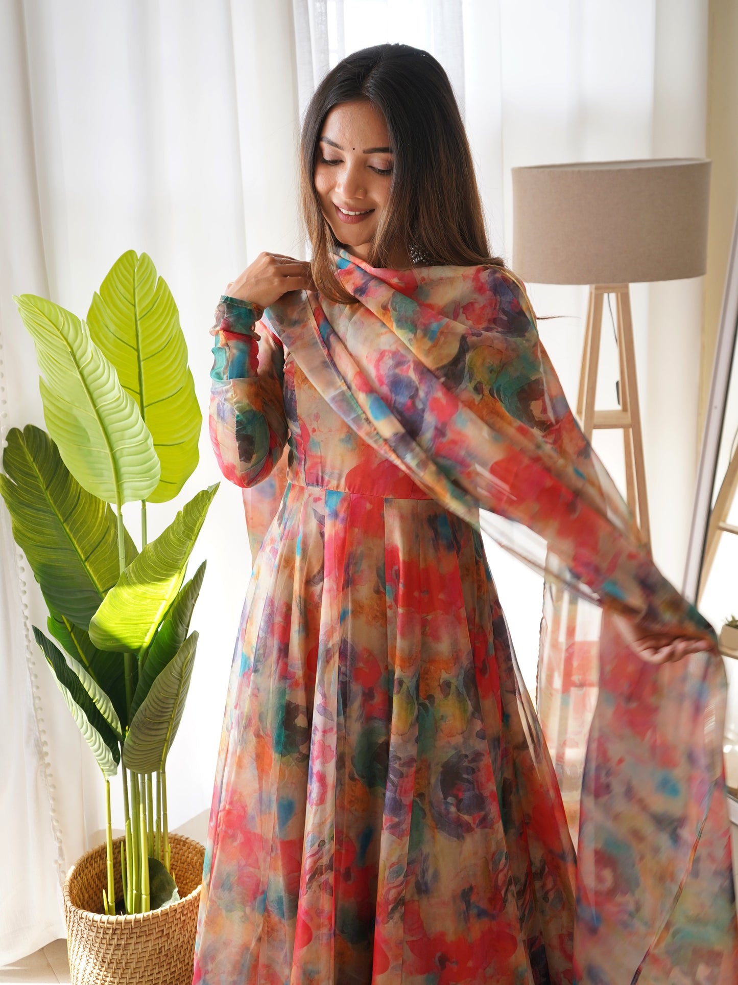 Captivating Sky And Red Color Organza Silk Print Anarkali Gown