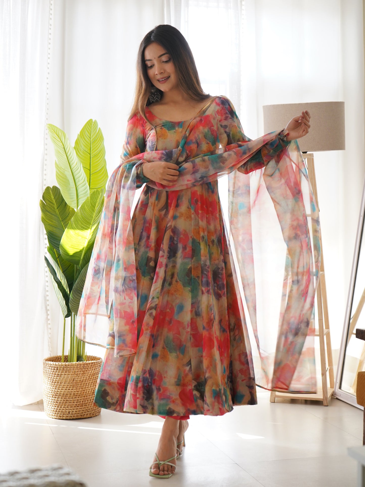 Captivating Sky And Red Color Organza Silk Print Anarkali Gown
