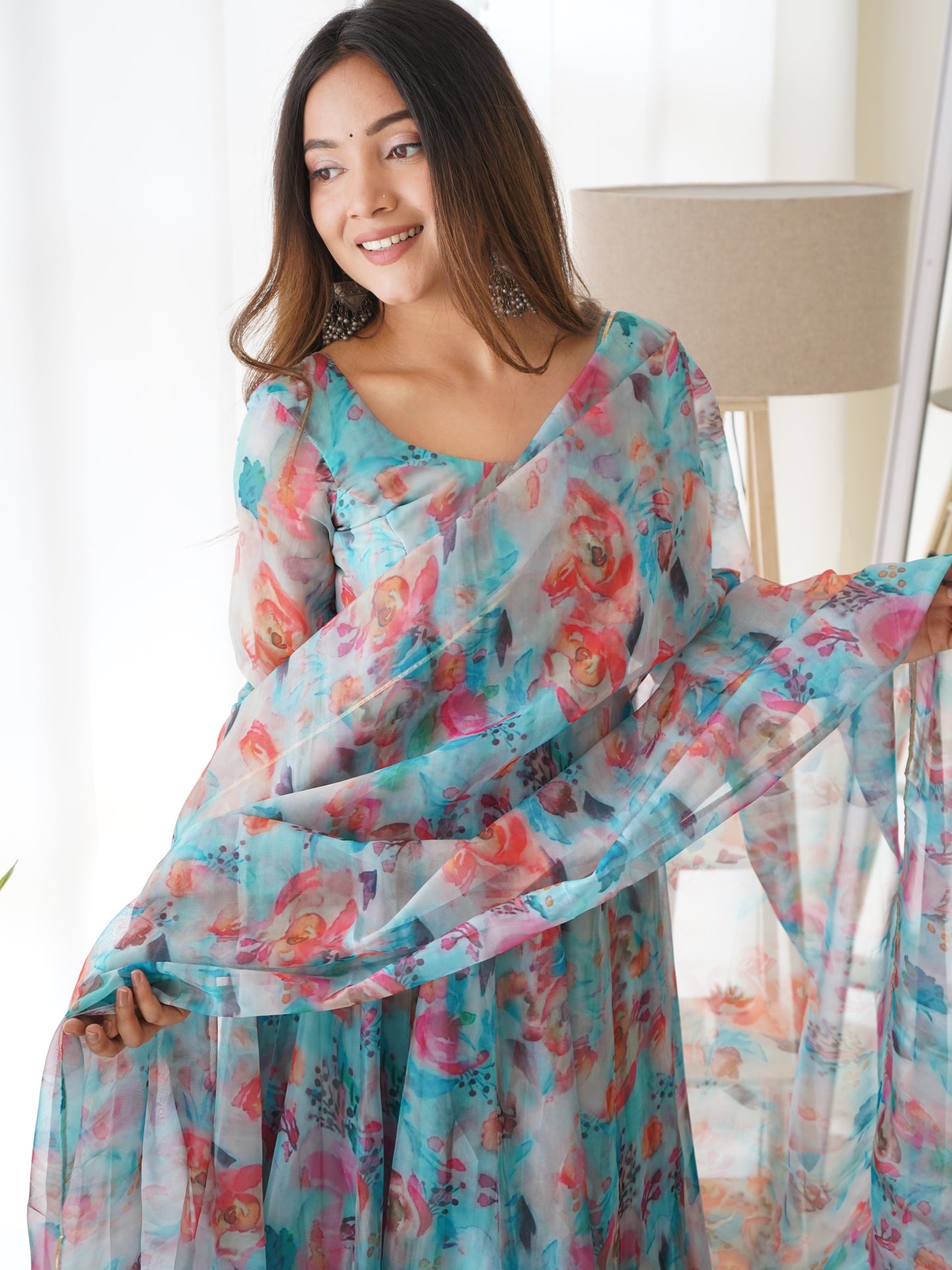 Captivating Sky And Red Color Organza Silk Print Anarkali Gown
