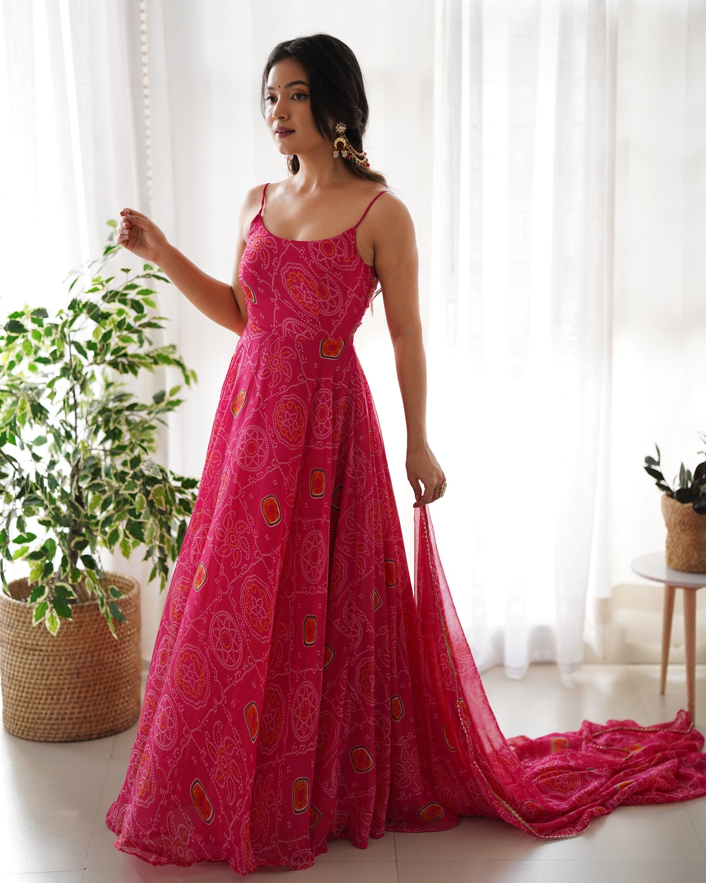 Fantastic Chiffon Bandhej Green And Pink Gown