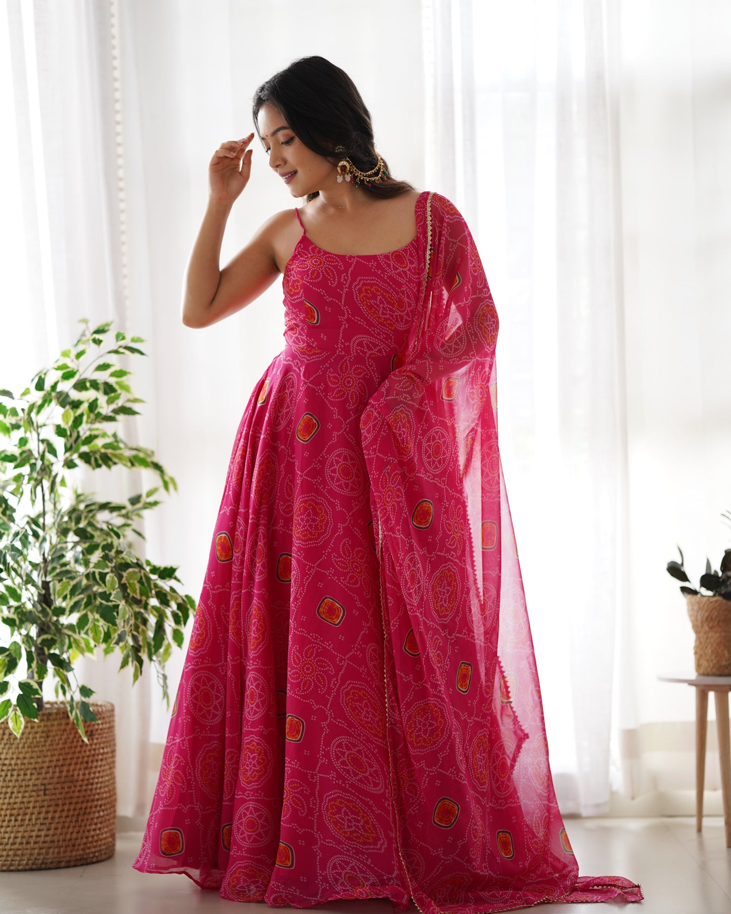 Fantastic Chiffon Bandhej Green And Pink Gown