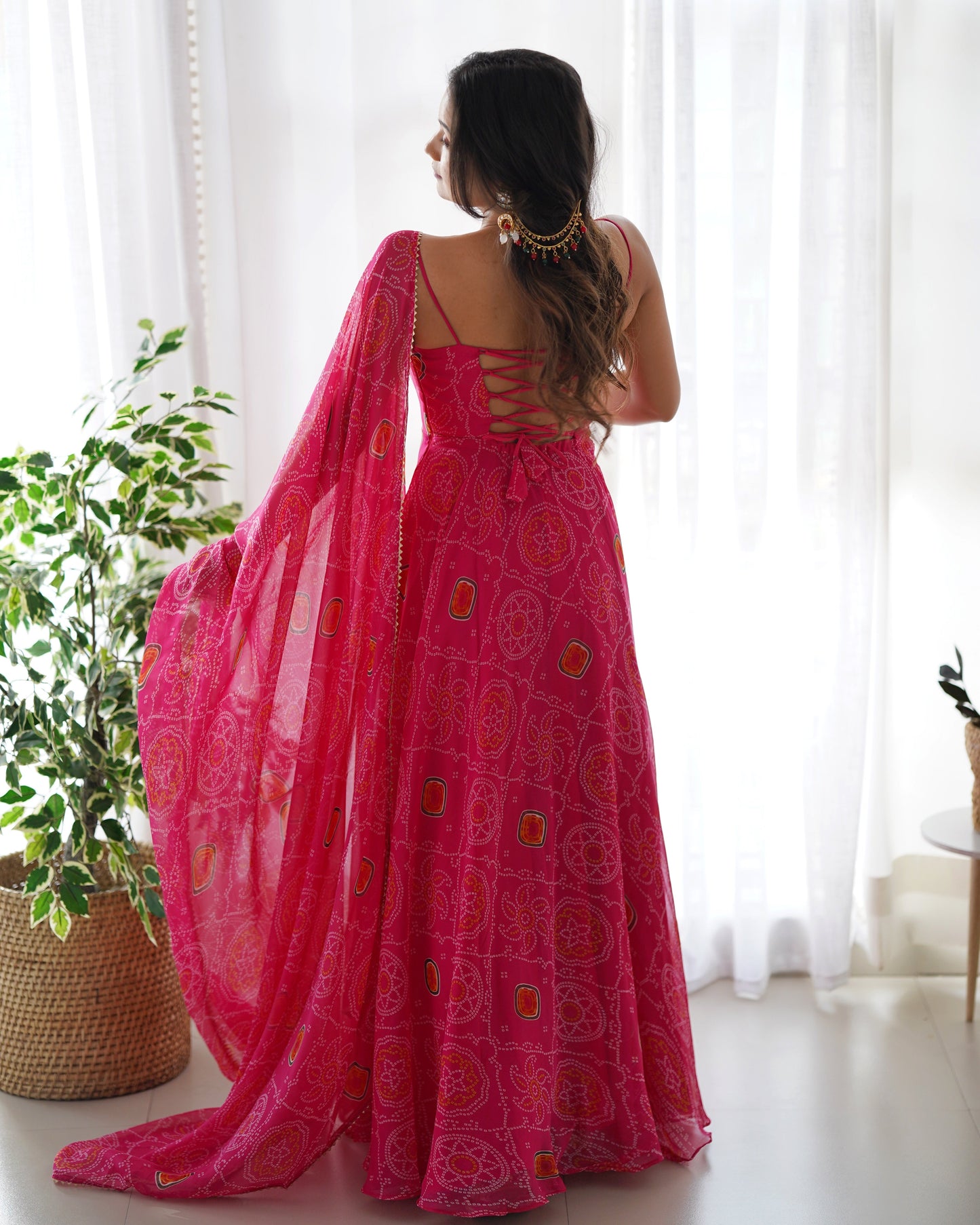 Fantastic Chiffon Bandhej Green And Pink Gown