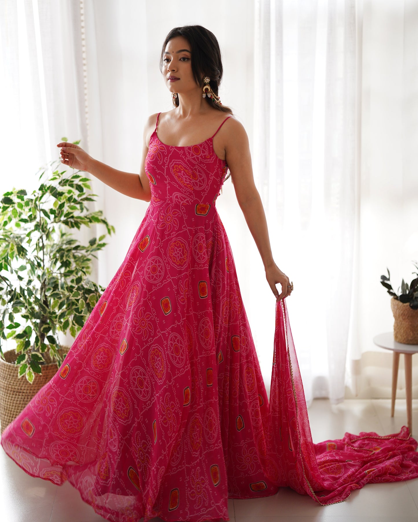 Fantastic Chiffon Bandhej Green And Pink Gown