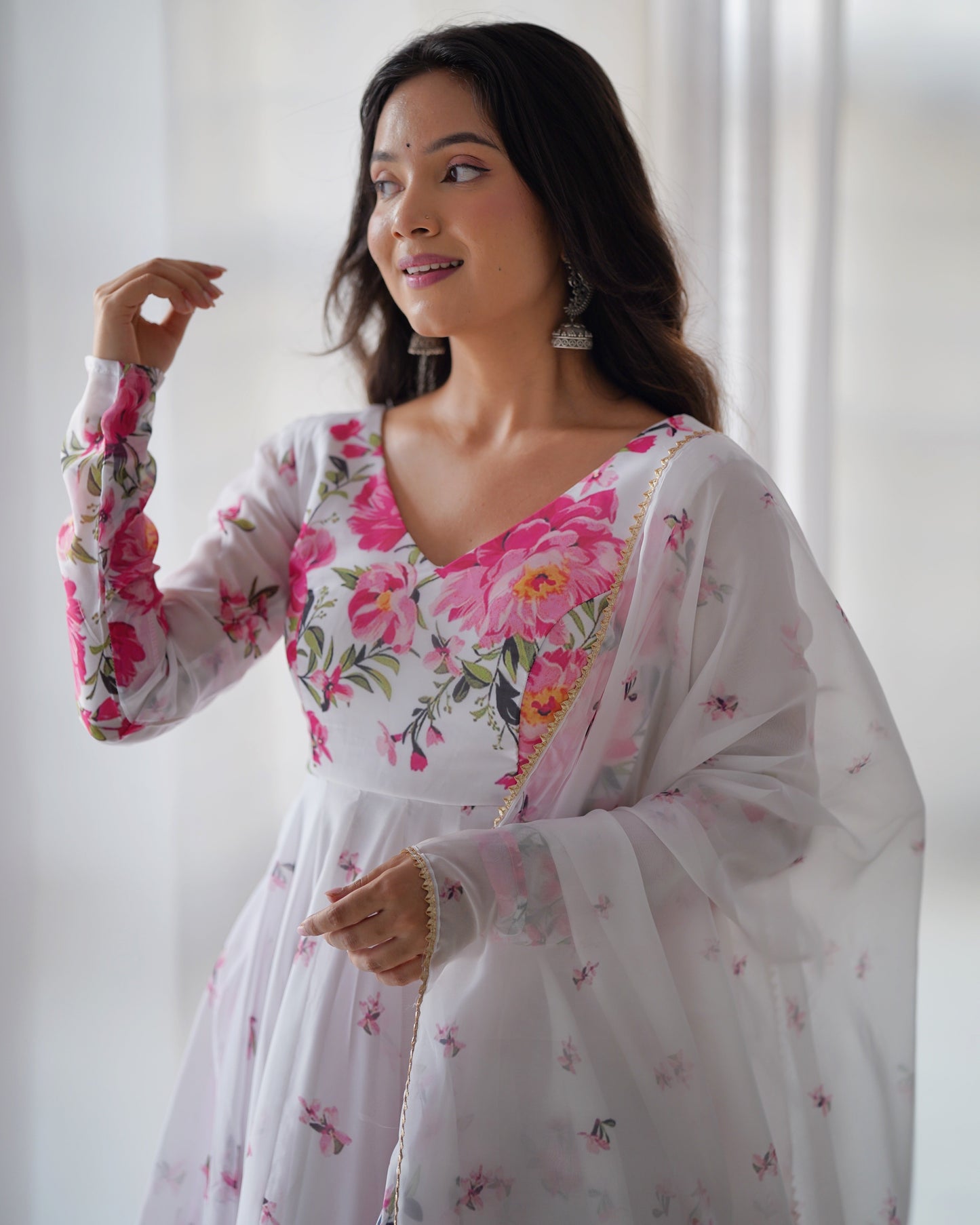Fashionable Organza Silk White Color Anarkali Gown