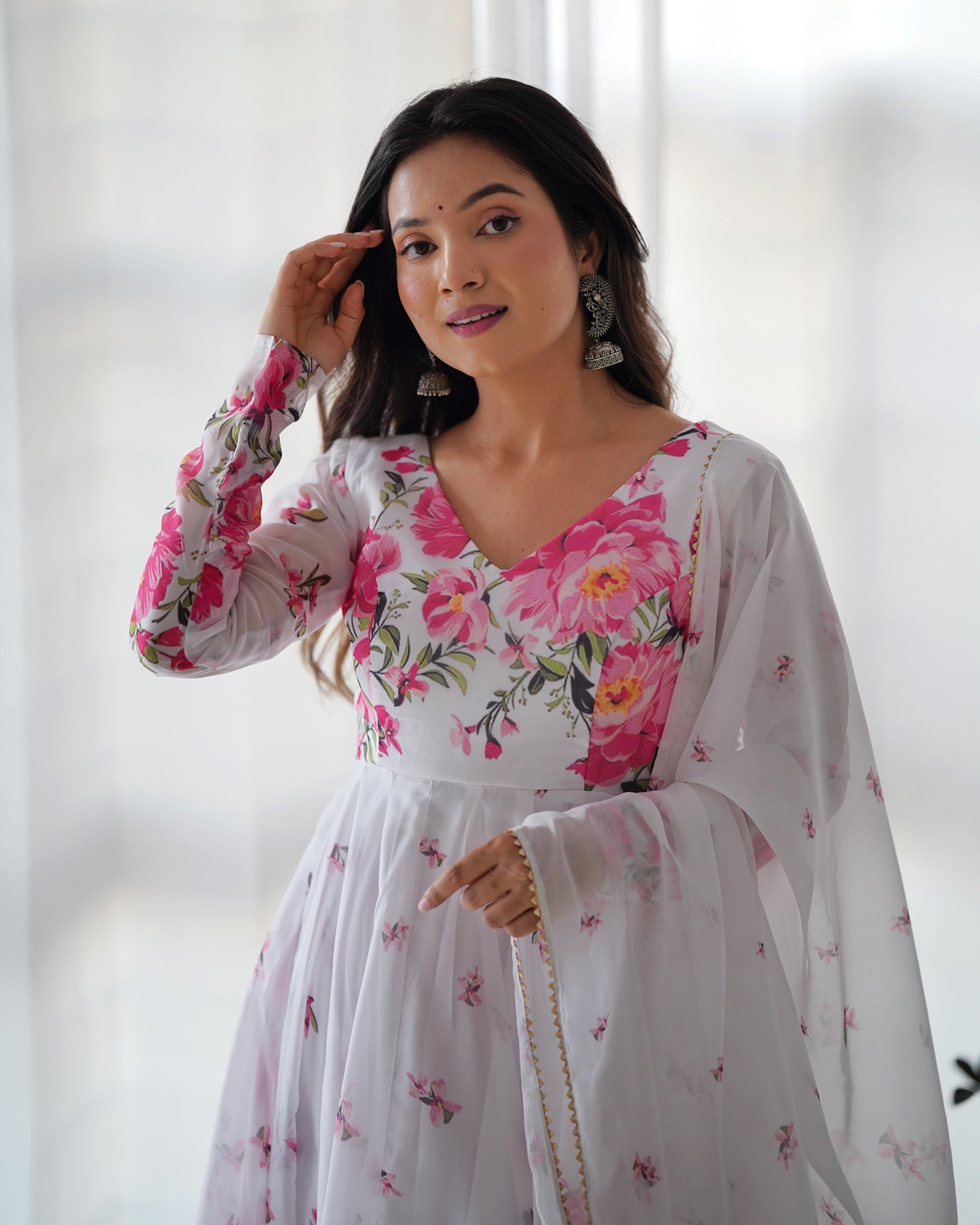 Fashionable Organza Silk White Color Anarkali Gown