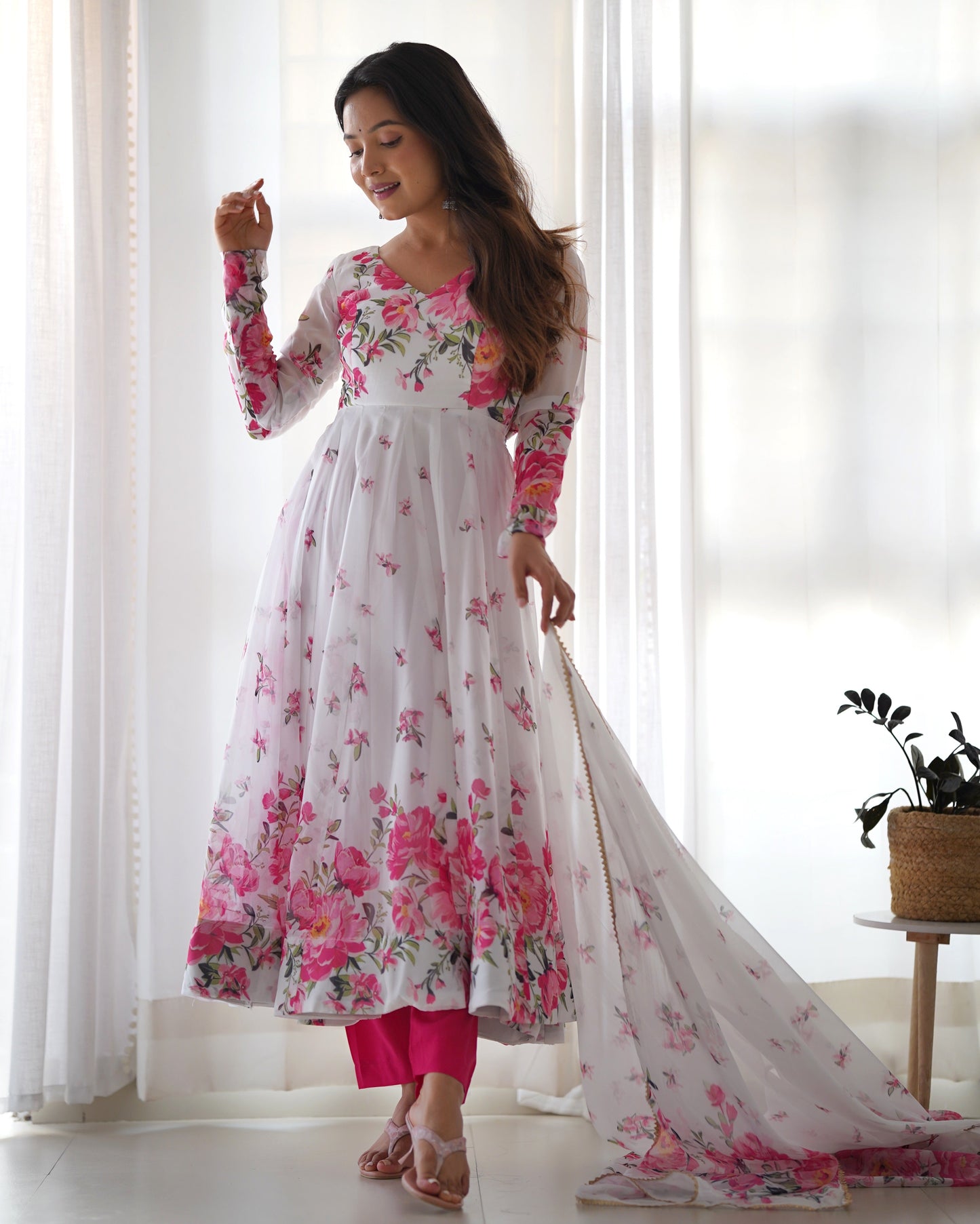 Fashionable Organza Silk White Color Anarkali Gown