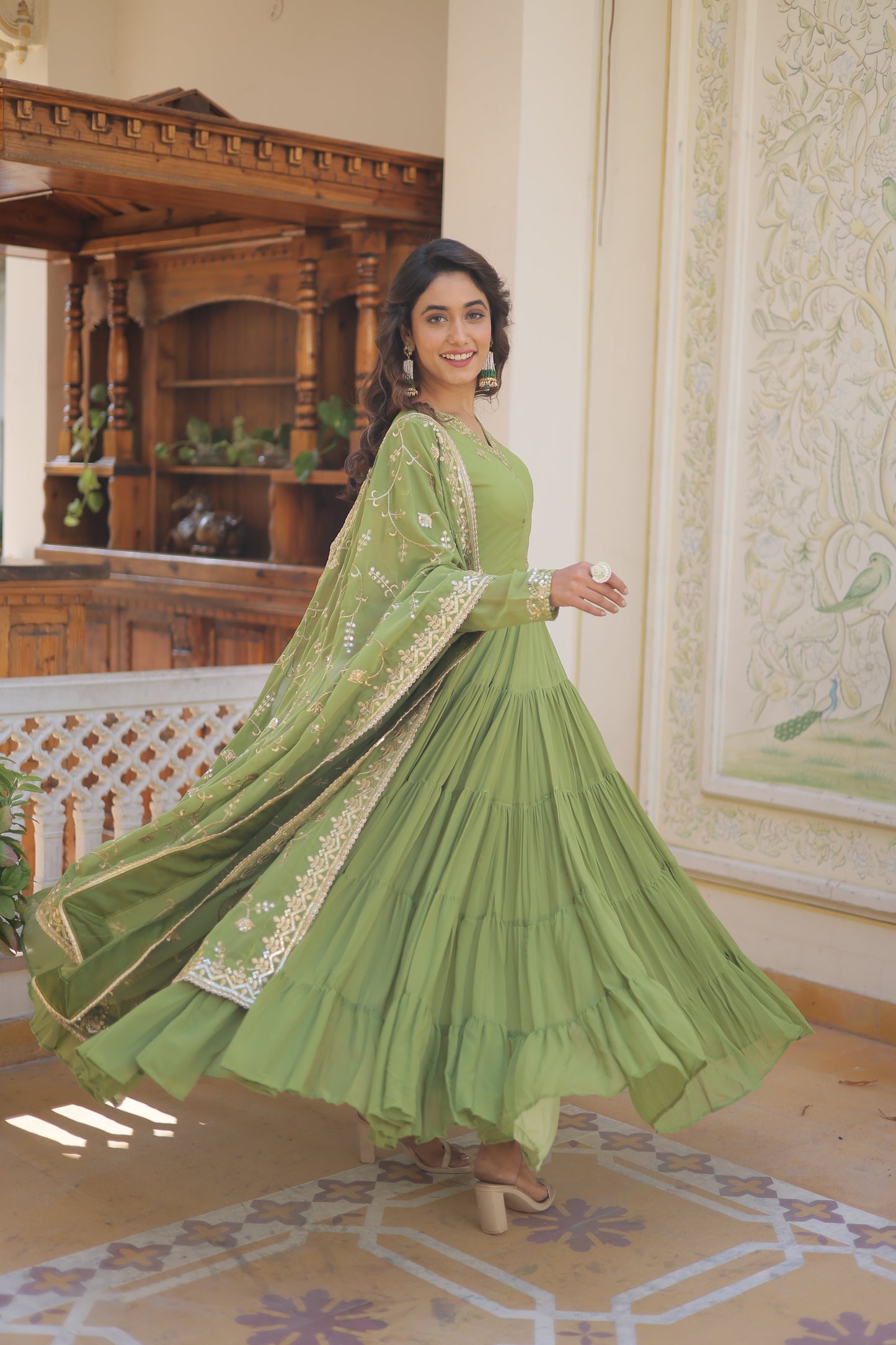 Luxuriant Ruffle Mehndi, Sky Blue, Yellow And Lavendar Color Gown