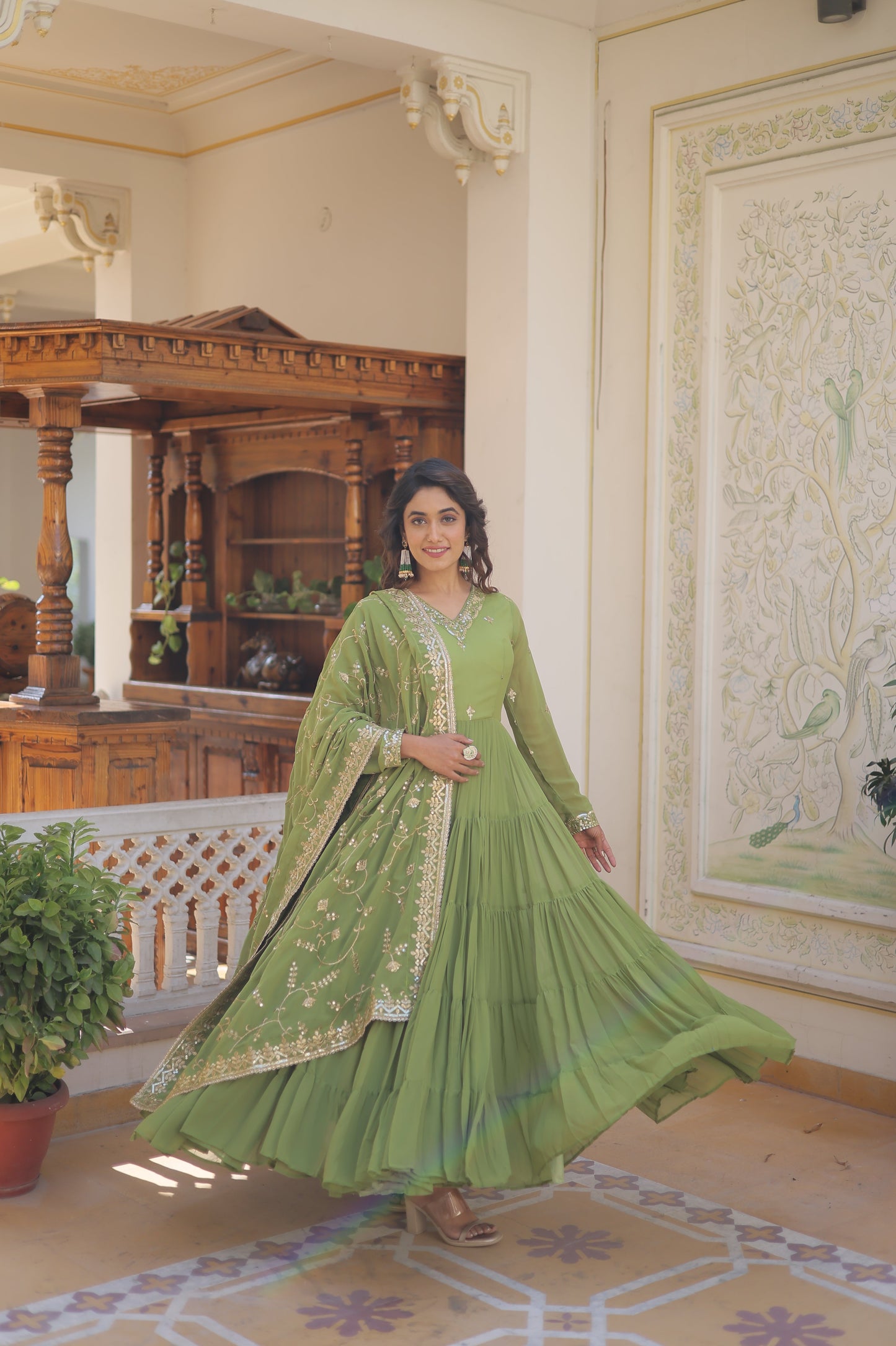 Luxuriant Ruffle Mehndi, Sky Blue, Yellow And Lavendar Color Gown