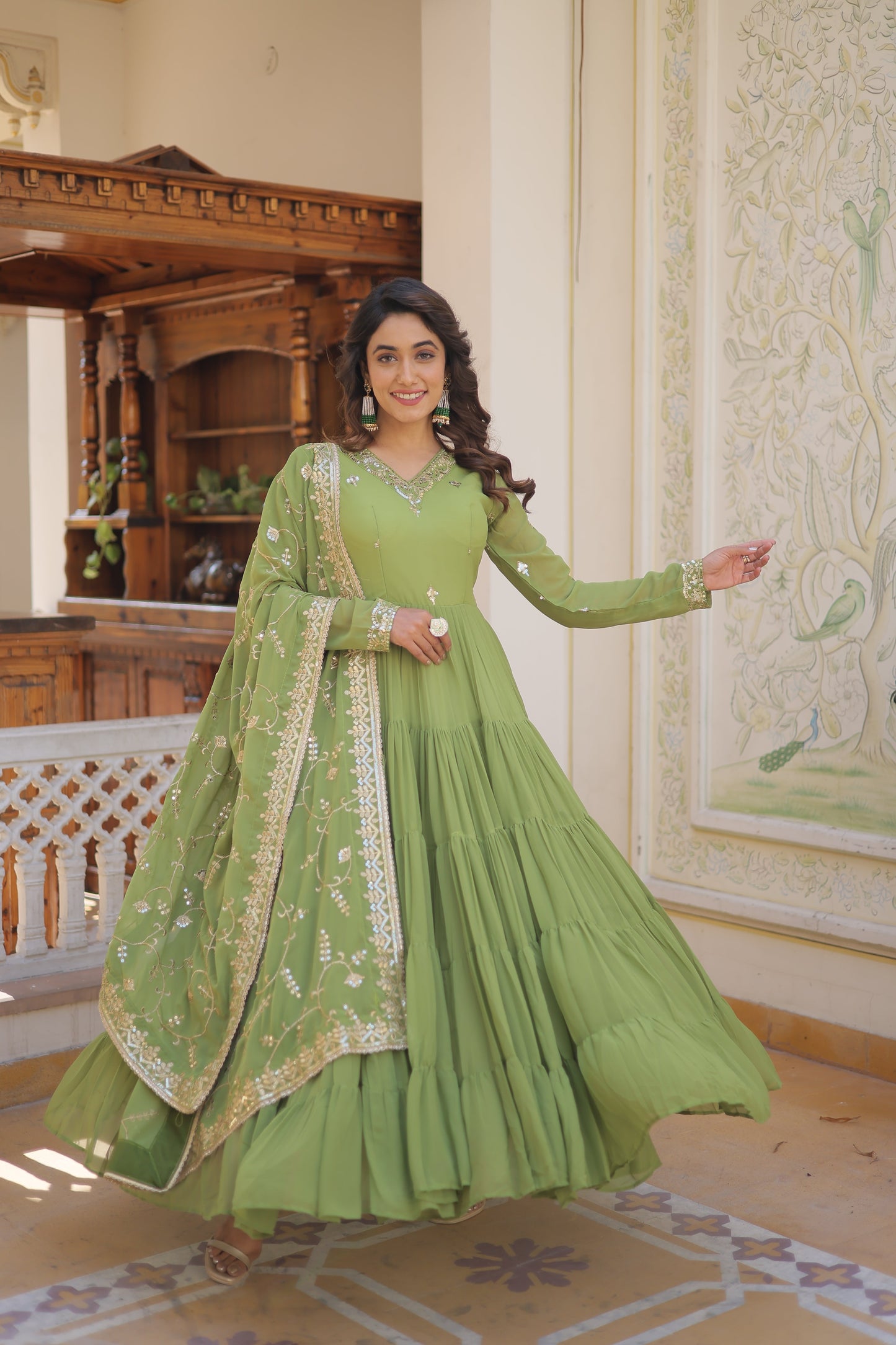 Luxuriant Ruffle Mehndi, Sky Blue, Yellow And Lavendar Color Gown