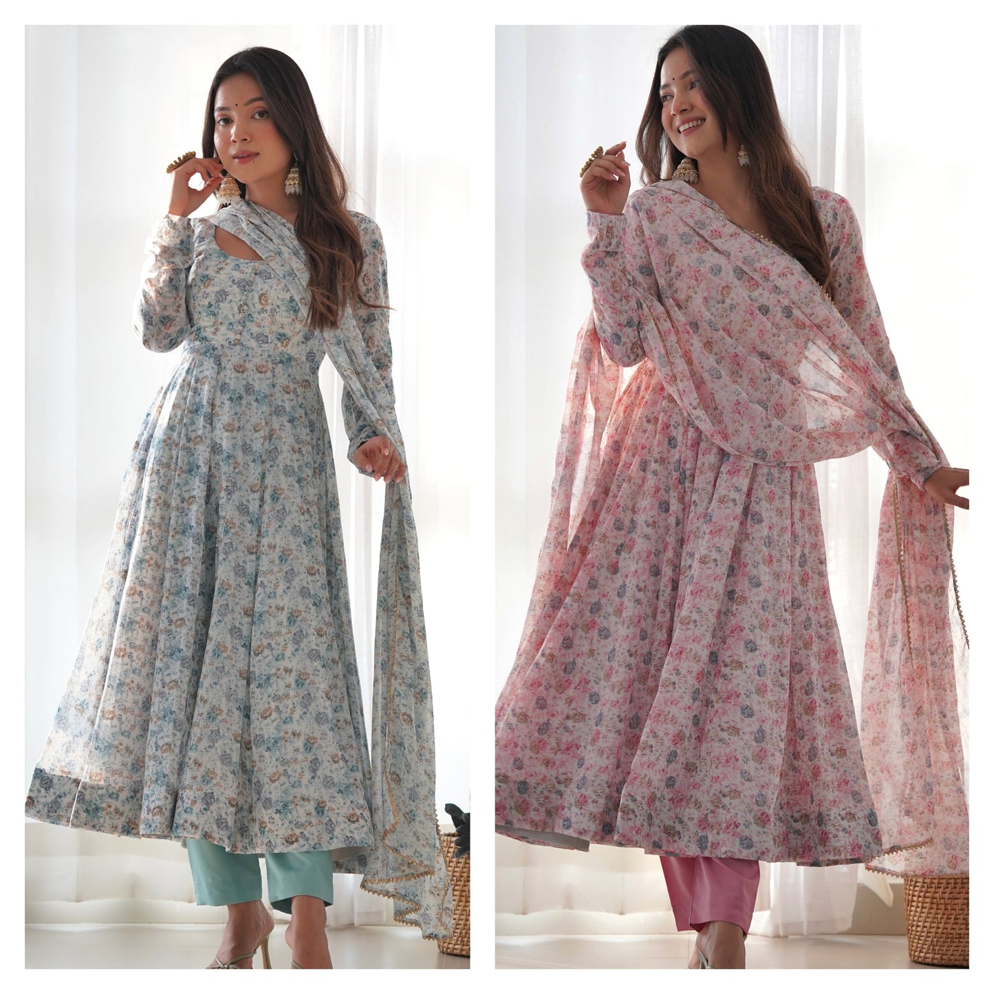 Unique Chiffon Floral Print Sky Blue And Pink Color Anarkali Suit