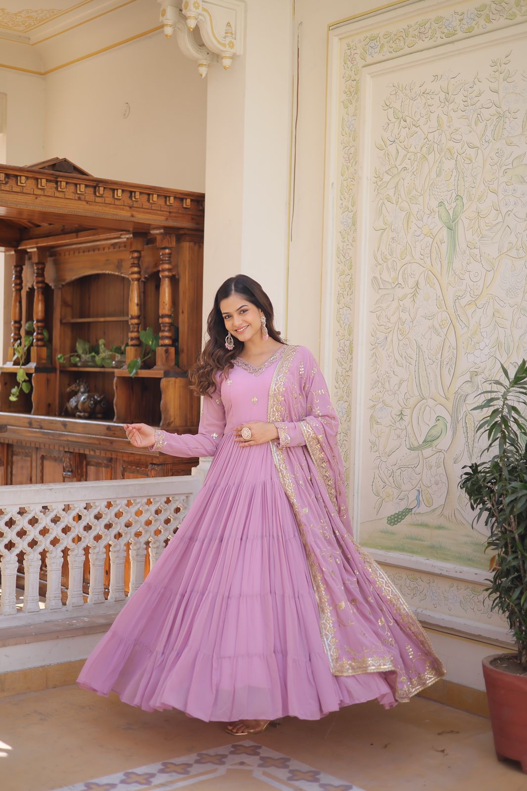 Luxuriant Ruffle Mehndi, Sky Blue, Yellow And Lavendar Color Gown