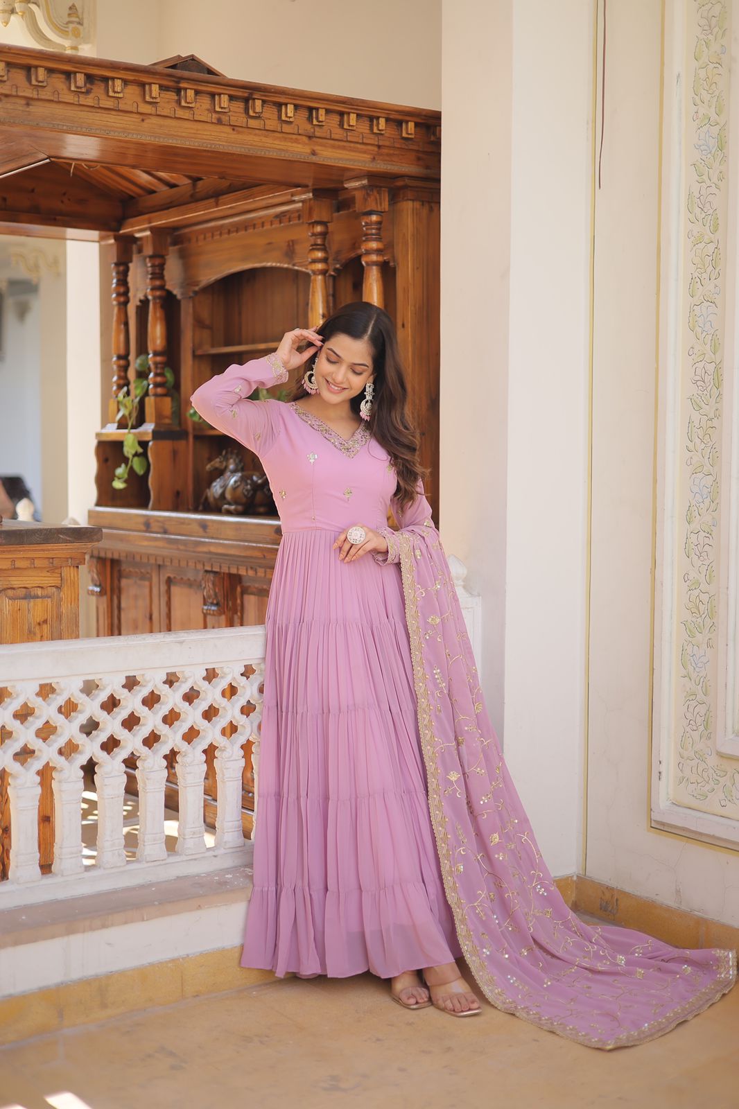 Luxuriant Ruffle Mehndi, Sky Blue, Yellow And Lavendar Color Gown