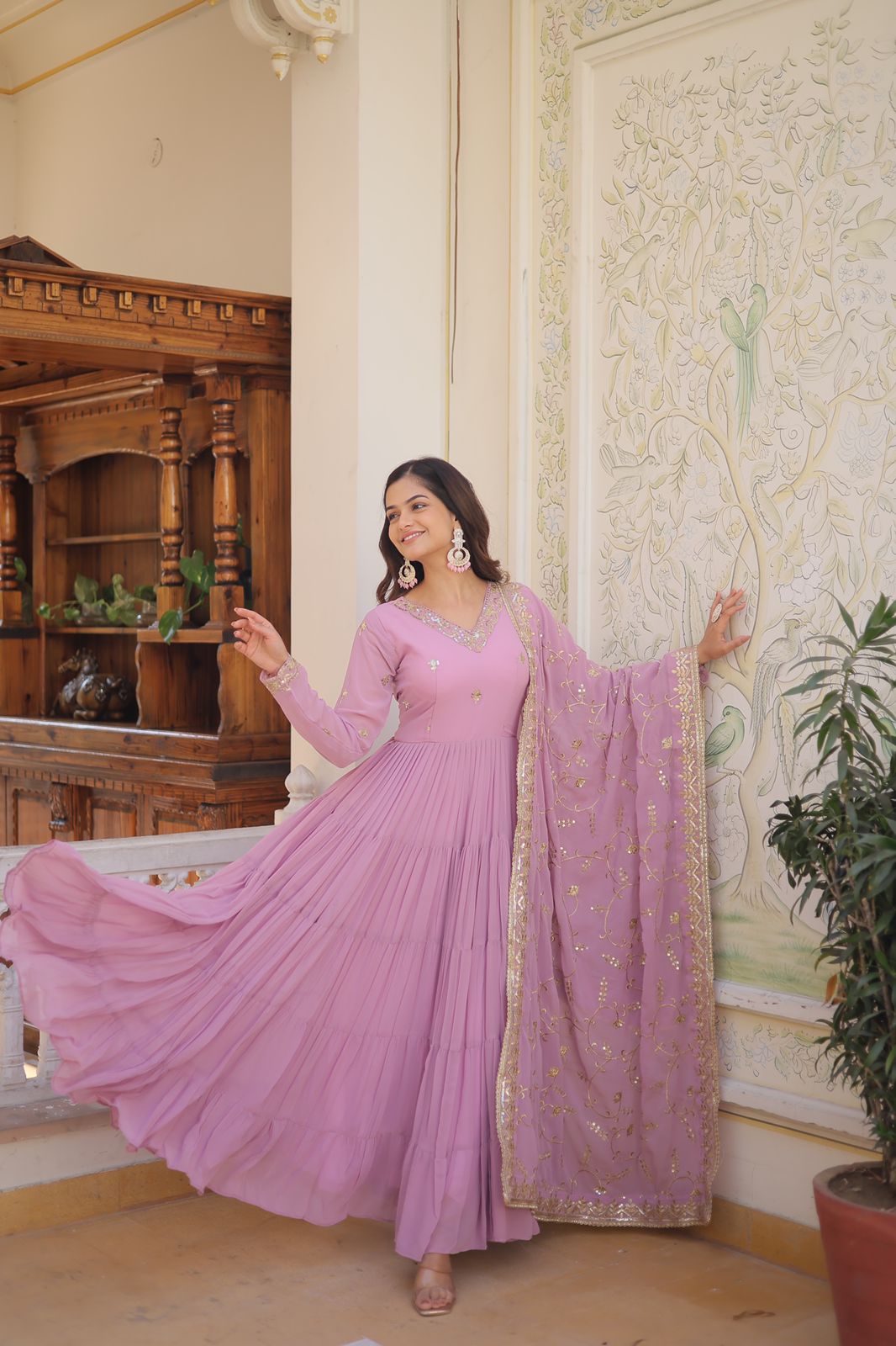 Luxuriant Ruffle Mehndi, Sky Blue, Yellow And Lavendar Color Gown