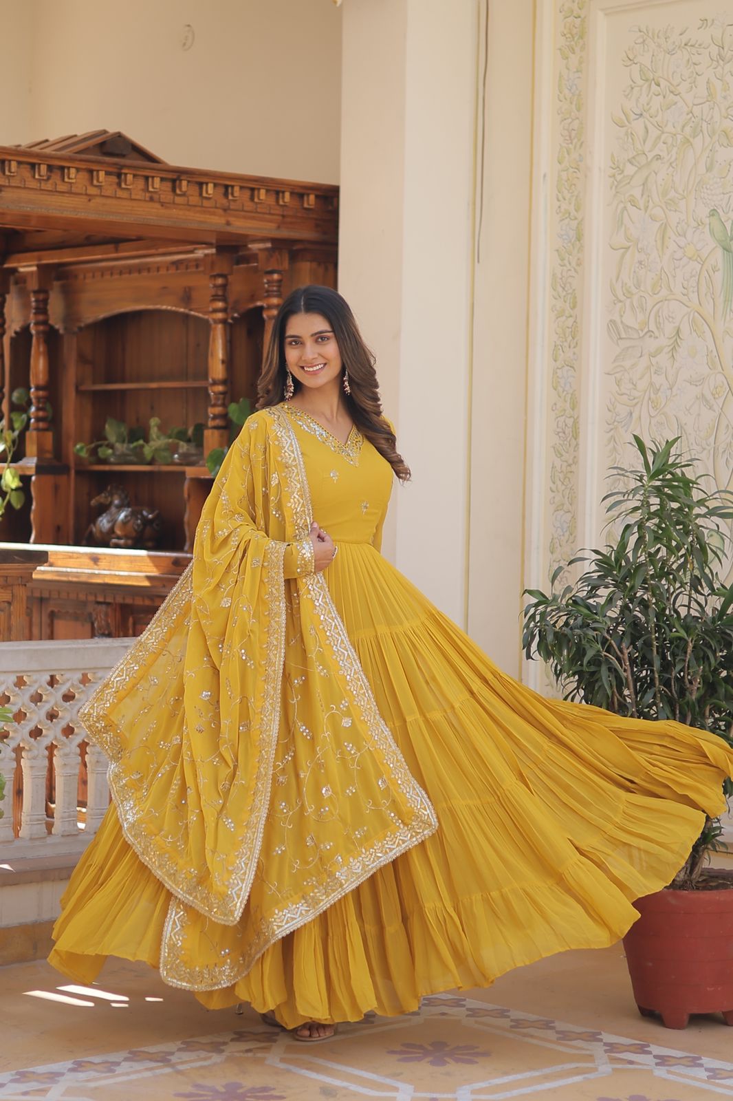 Luxuriant Ruffle Mehndi, Sky Blue, Yellow And Lavendar Color Gown