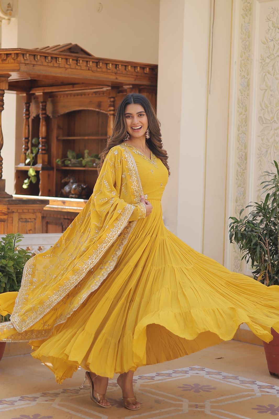 Luxuriant Ruffle Mehndi, Sky Blue, Yellow And Lavendar Color Gown