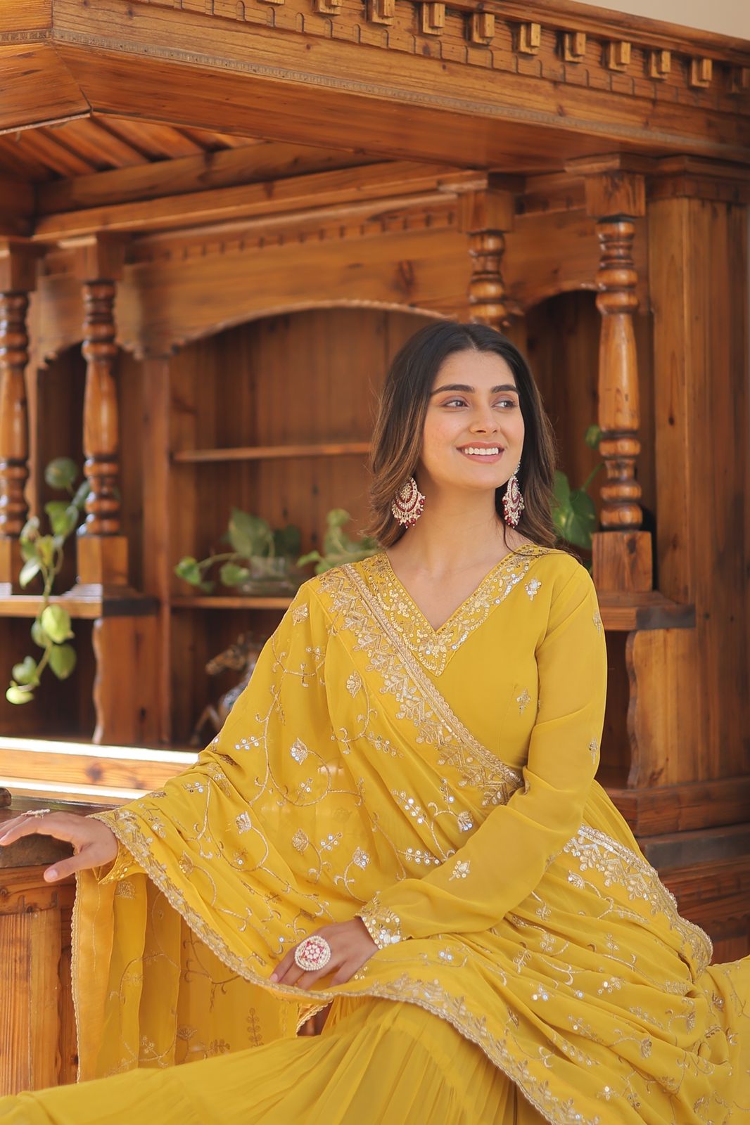 Luxuriant Ruffle Mehndi, Sky Blue, Yellow And Lavendar Color Gown