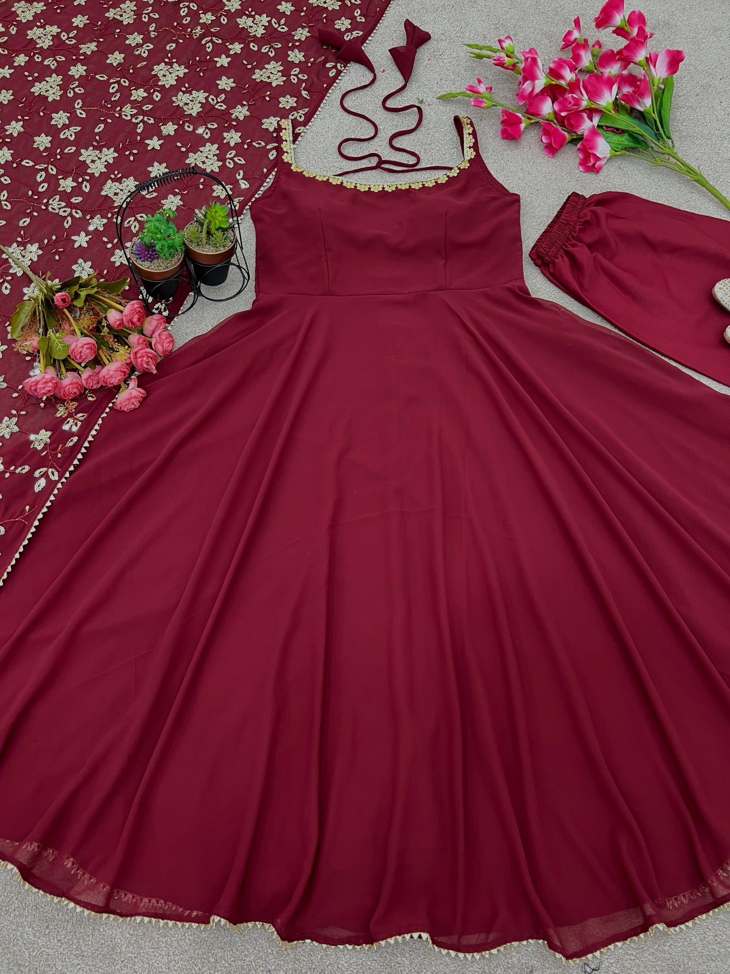 Presenting Red Color Plain Georgette Gown