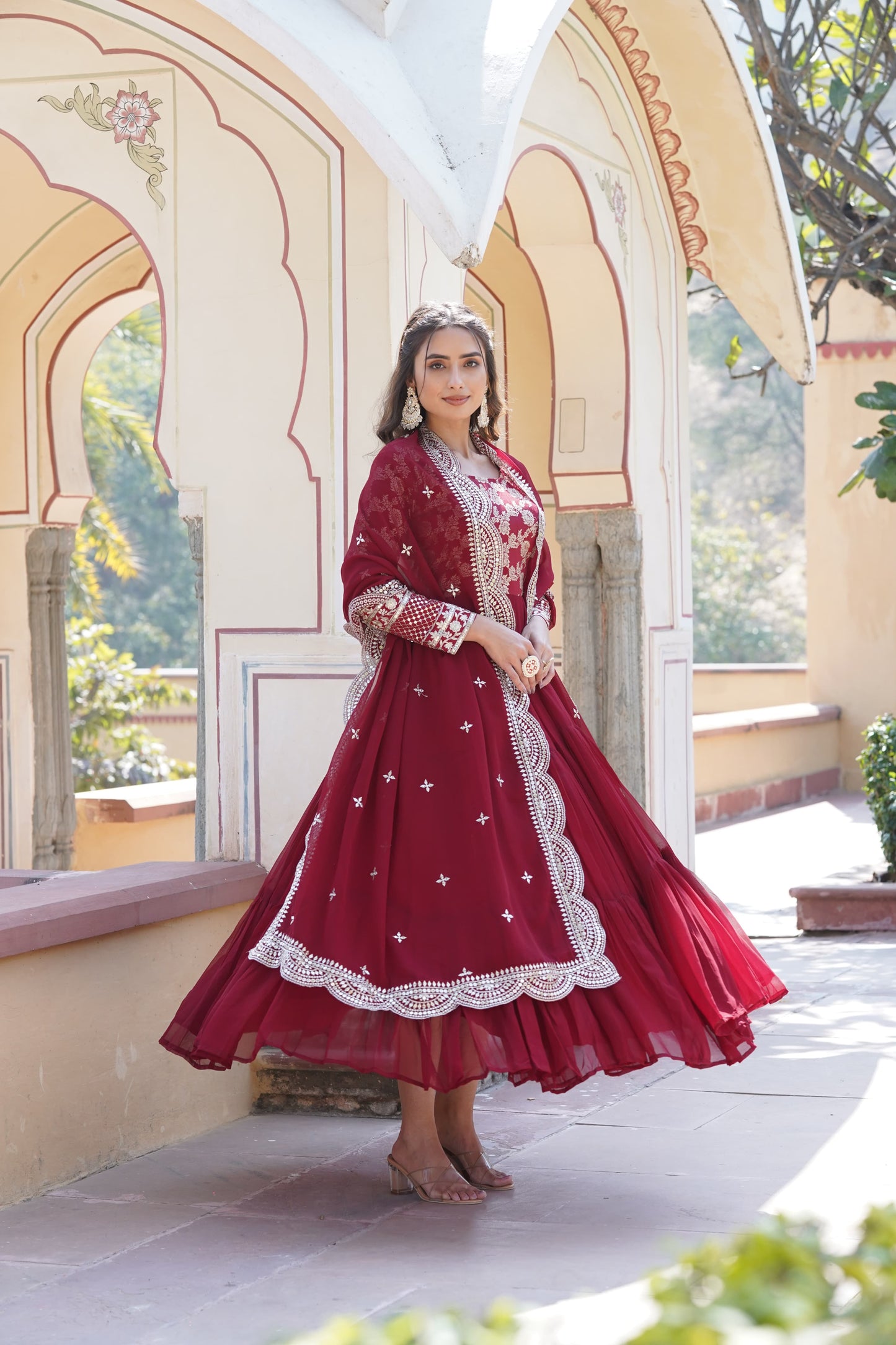 Festive Wear Red, Yellow And Purple Color Jacquard Work Gown