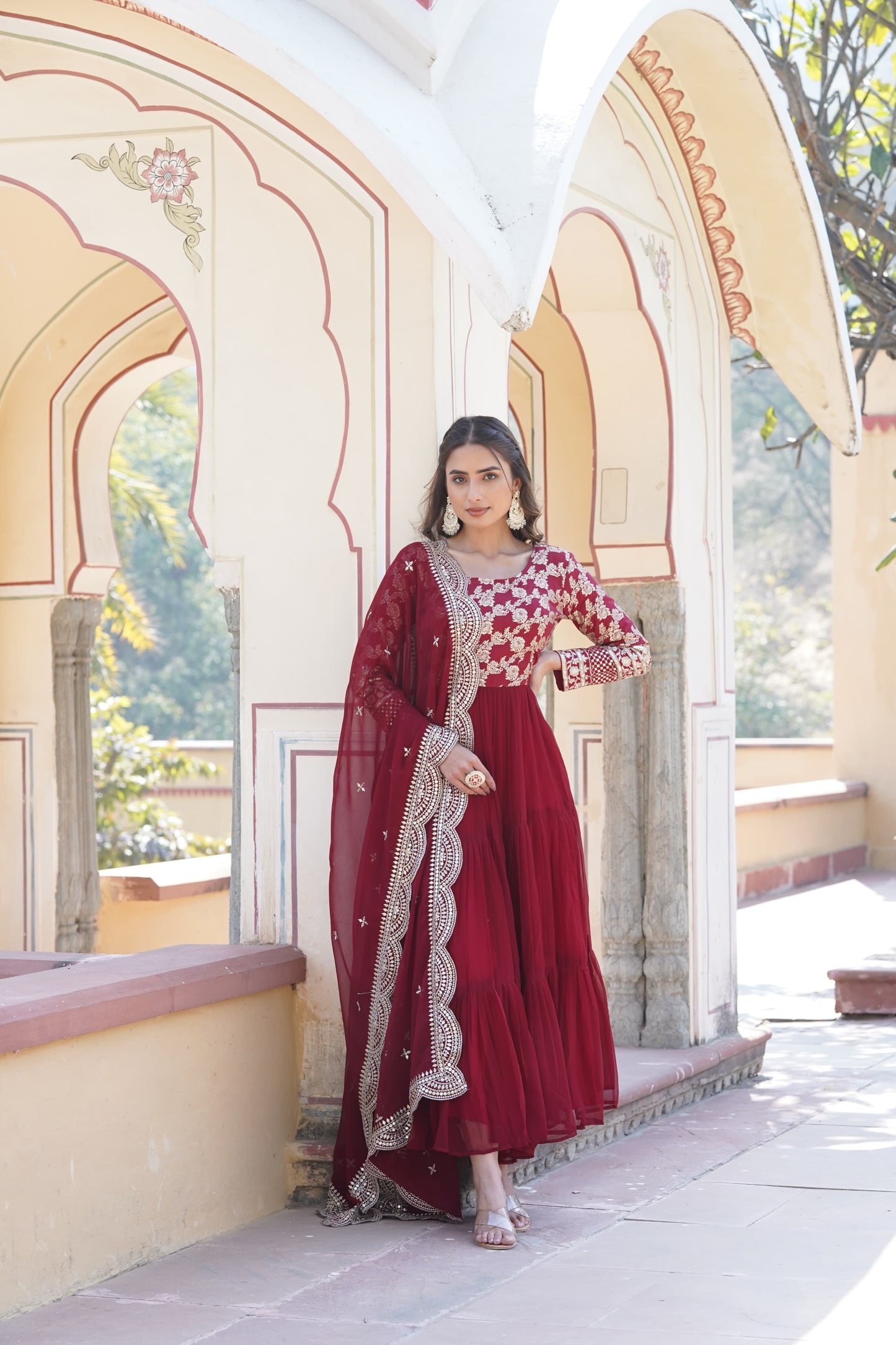 Festive Wear Red, Yellow And Purple Color Jacquard Work Gown