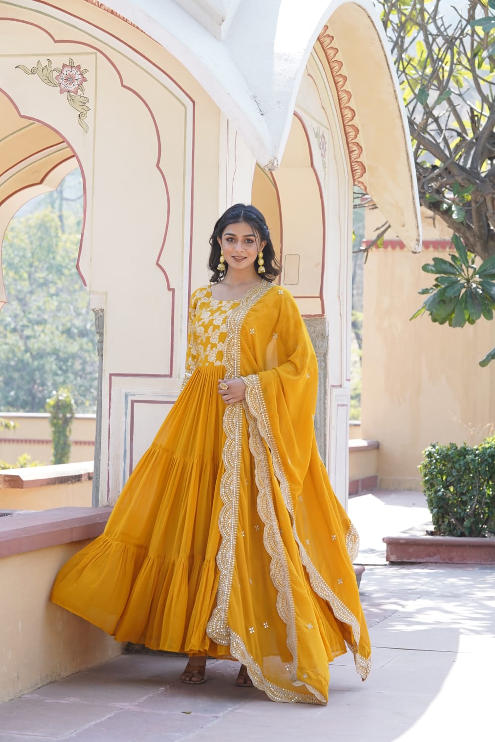 Festive Wear Red, Yellow And Purple Color Jacquard Work Gown