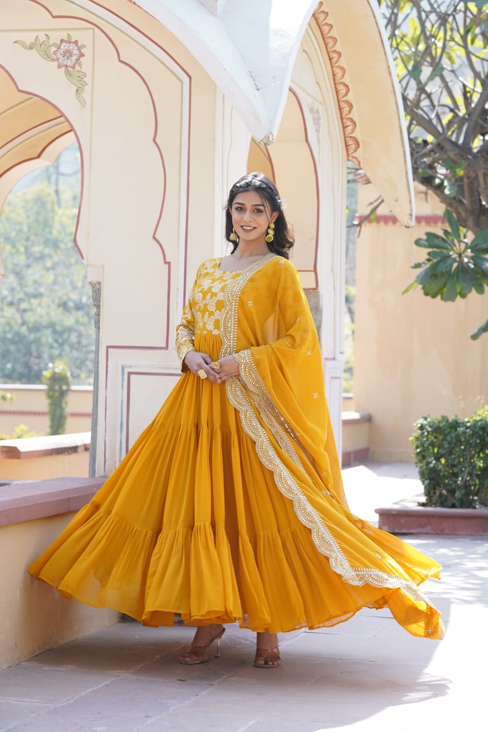 Festive Wear Red, Yellow And Purple Color Jacquard Work Gown