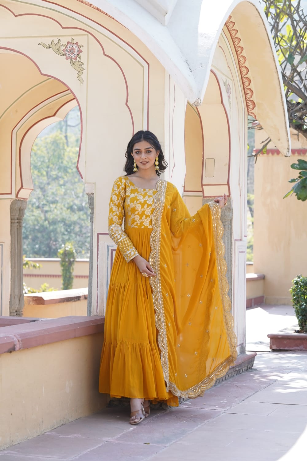 Festive Wear Red, Yellow And Purple Color Jacquard Work Gown