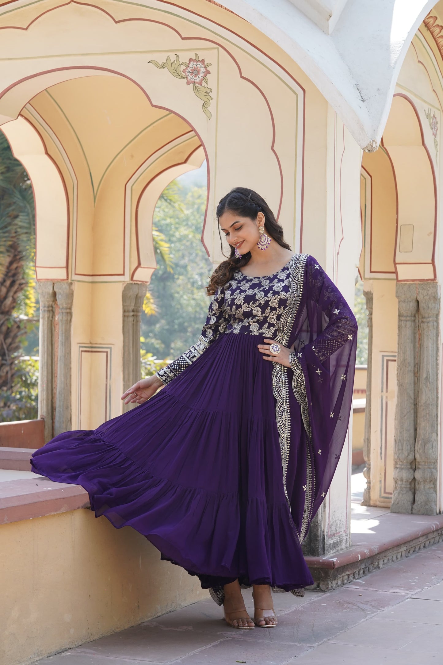 Festive Wear Red, Yellow And Purple Color Jacquard Work Gown